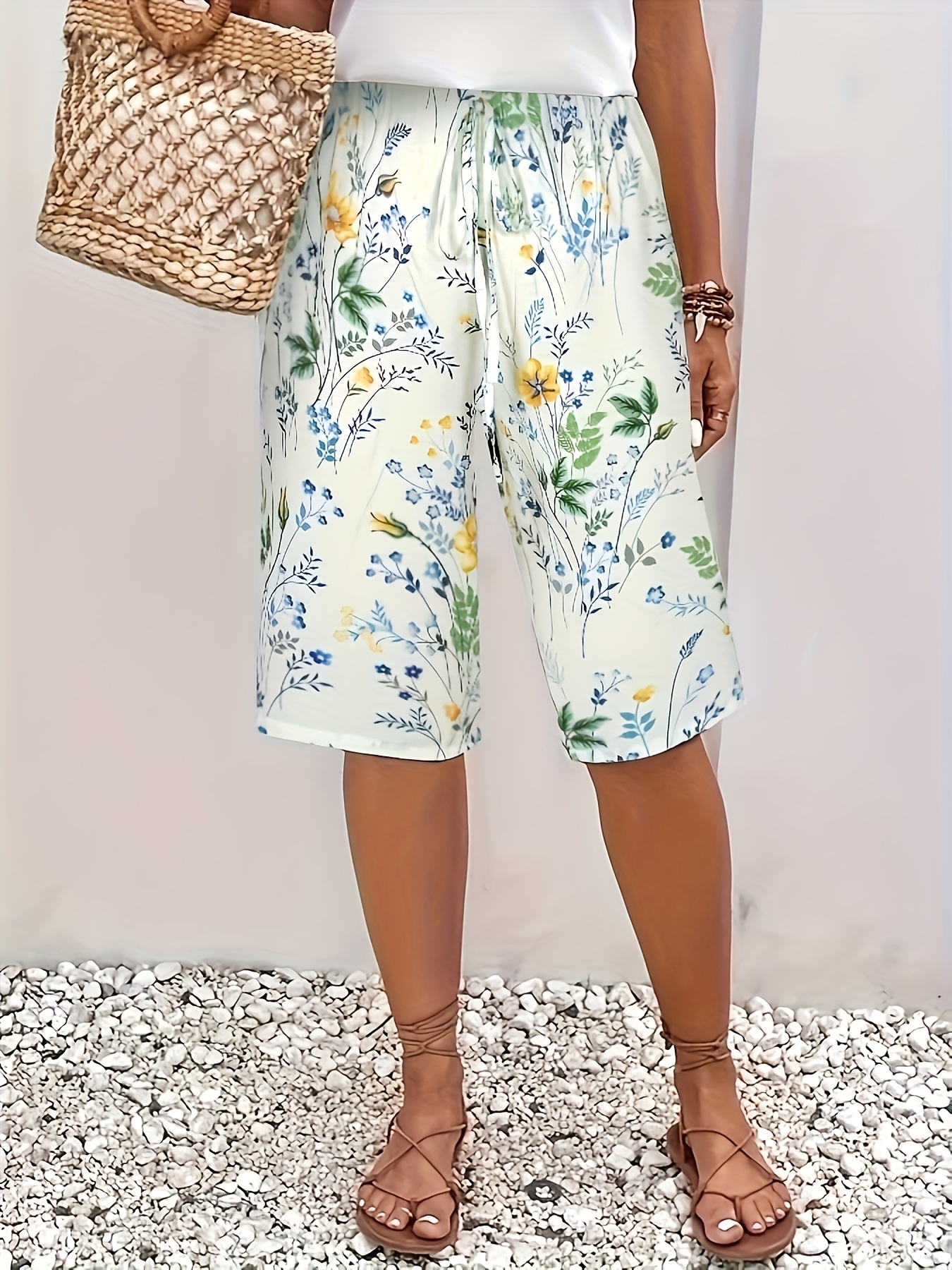 Plus Size Women's Casual Beach Shorts with Vibrant Floral Print Straight  Leg Relaxed Fit Drawstring Waist, Machine Washable Lightweight Fabric