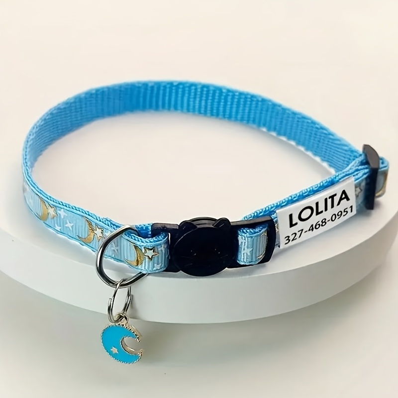 TEMU Collare per animali domestici personalizzato con motivo a luna e in lamina , inciso , targhetta identificativa per gatto con numero di telefono,