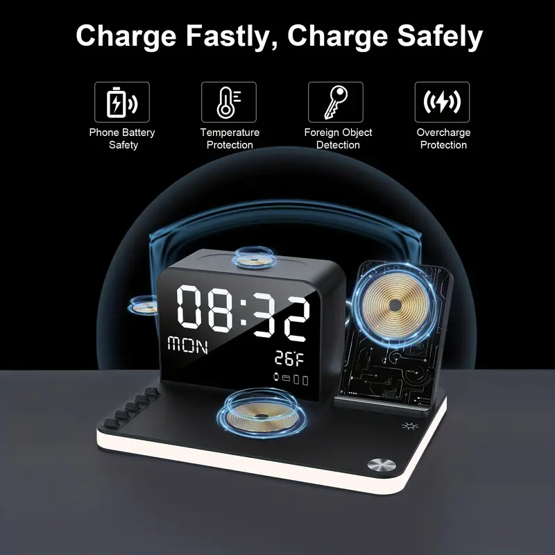 7in 1 dual phone wireless charging station with night light phone holder phone time week temperature display 30w adapter for iphone and iwatch fast charging dock with wired output details 3