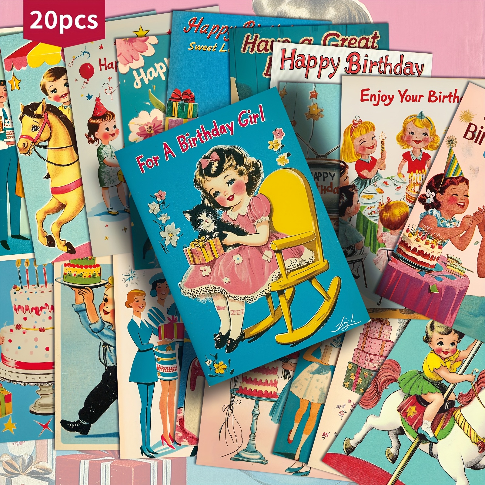 Image of 20-pack Vintage 50s Happy Birthday Postcards - 4x6 Inches Retro Junk Journal Paper, Classic Pinup Illustrations, Collectible Decorative Painting Cards For Scrapbooking & Crafting