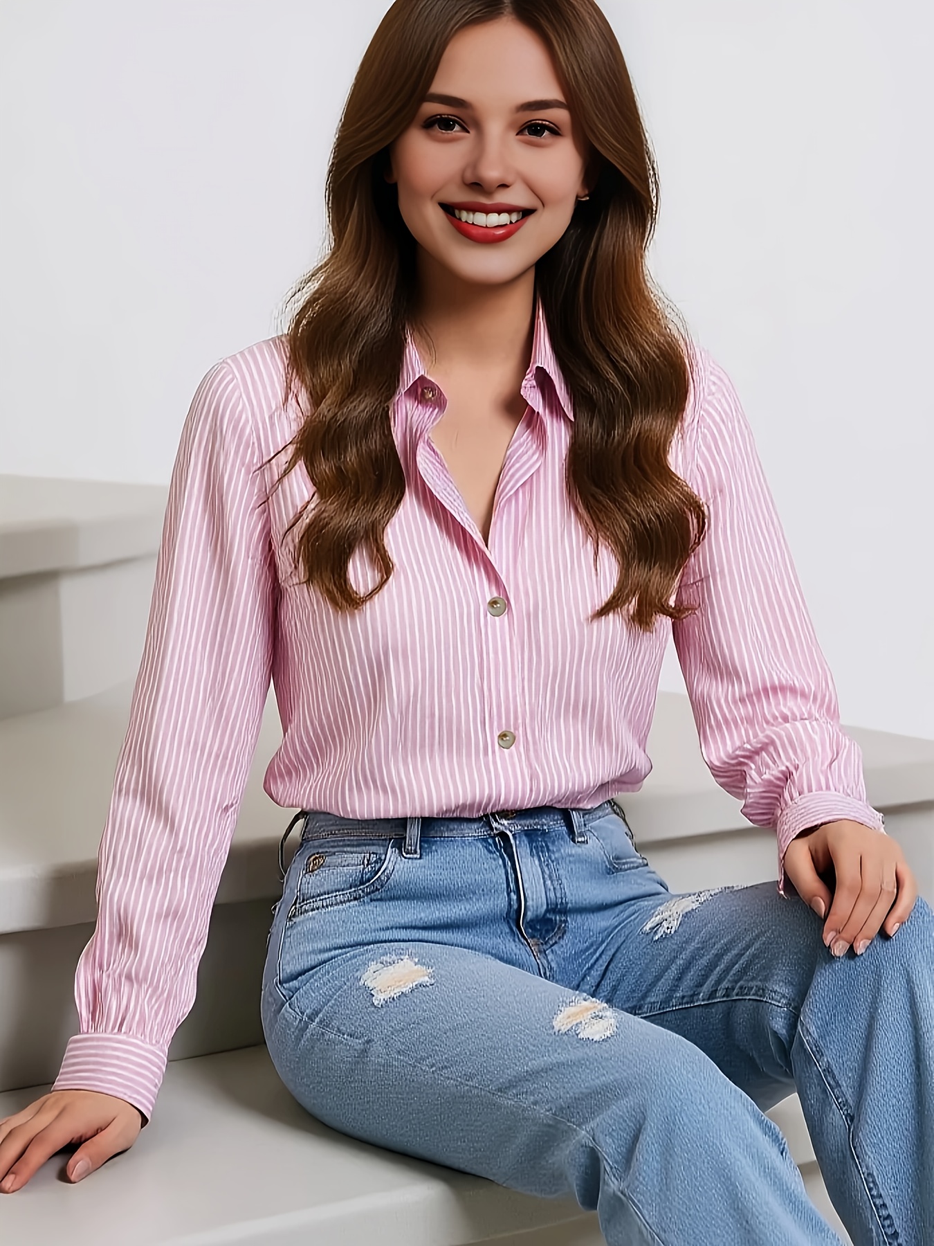 Elegant Striped Button-Up Shirt for Women - Chic Long Sleeve, Lightweight Polyester Blend, Versatile Blue with White Stripes, Ideal for Spring/Summer