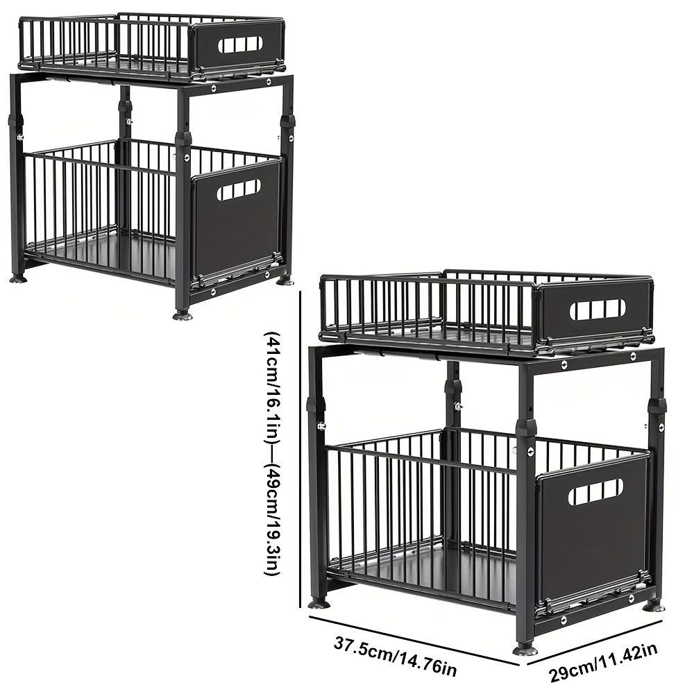2pcs 2-tier Pull-out Sliding Drawer Organizer - Under Sink Organizers, Metal Basket For Kitchen & Bathroom Storage Adjusting The Height, Under Sink Cabinet Organizer, Black