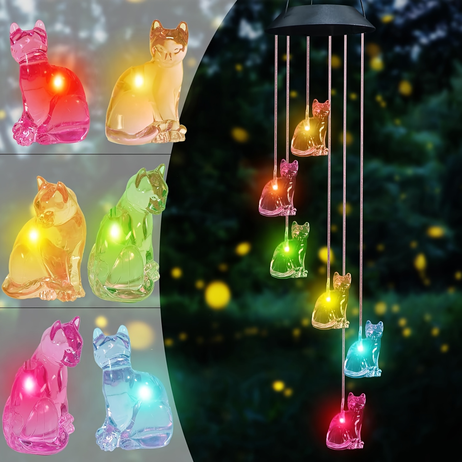 

Carillon éolien chat solaire: Décoration LED changeante de couleur pour jardins, patios et fenêtres - Chargé par le soleil, pas de télécommande, Matériau en plastique