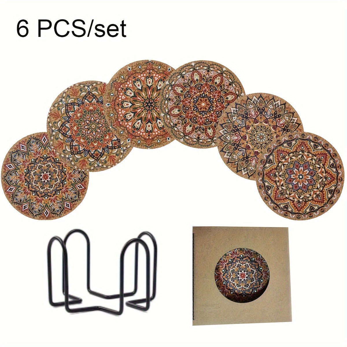 Image of 6pcs Boho Chic Cork Coaster Set With Holder - Colorful, Absorbent Drink Coasters For Coffee Table & Wooden Surfaces, Intricate , Ideal For Home Decor And Tabletop Protection