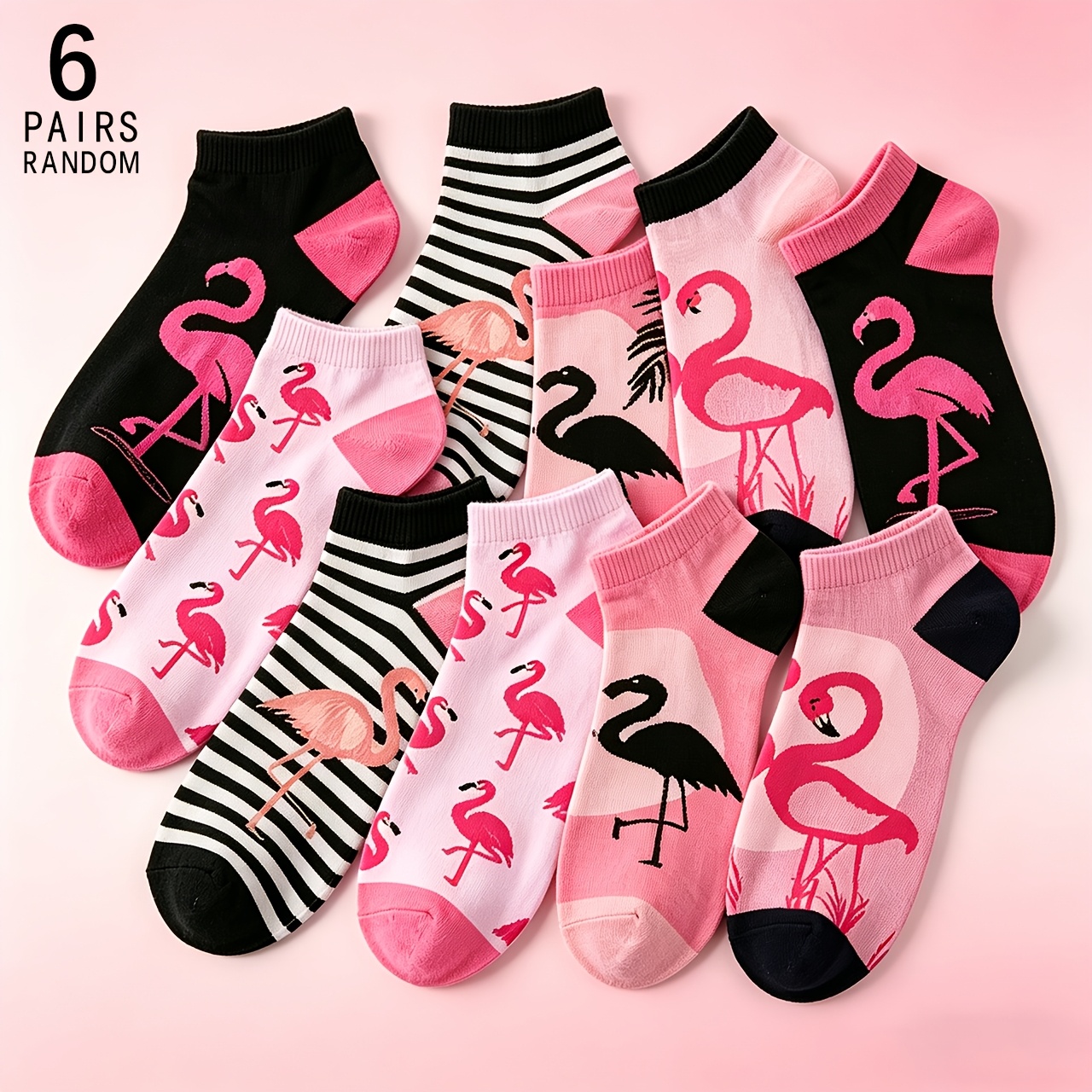 TEMU 6 Pairs Of Random Color Pattern Spring And Summer Fashionable Beautiful Women's Ankle Socks, With Flamingo Print, Soft And Comfortable,