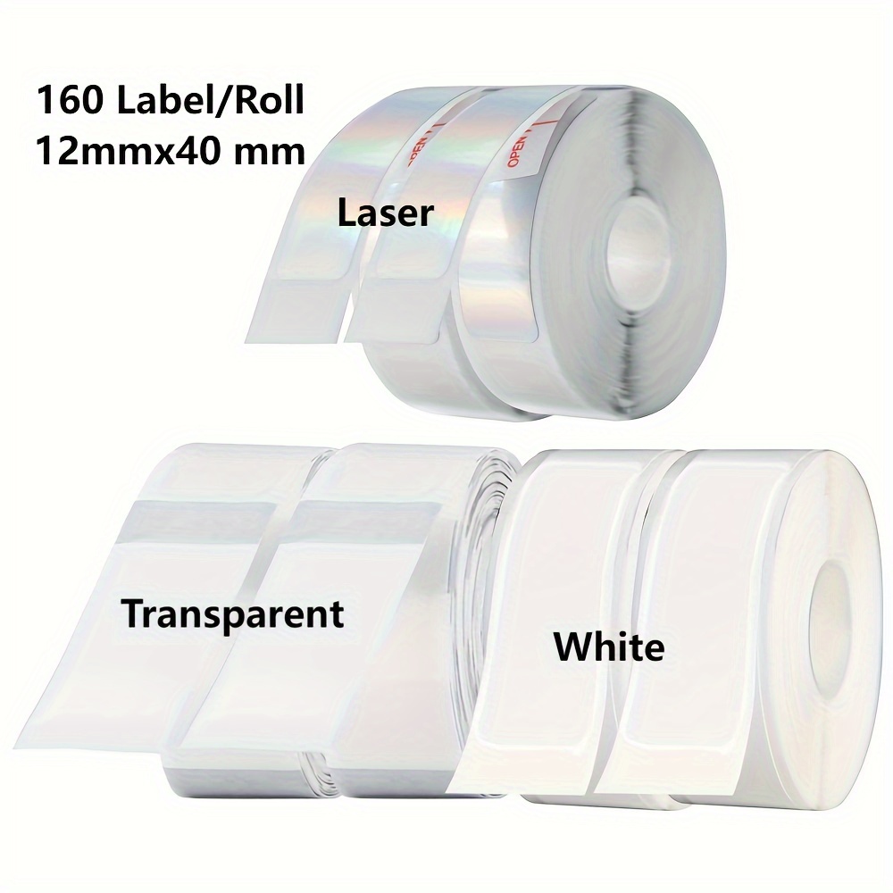 

6-pack Assorted Labels, 160pcs/roll, 12mmx40mm, Laser, Transparent, White, Waterproof, Non-sticky, Paper Tags For Office & Daily Use