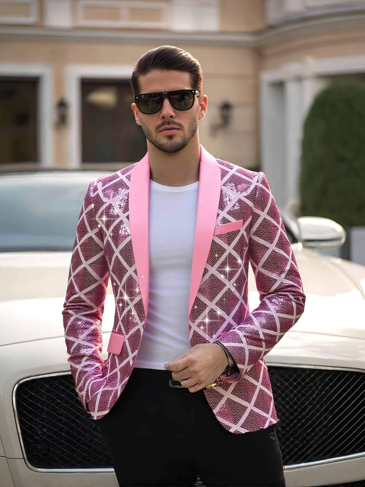 Duohropke Men's Slim Fit Shiny Sequins One Button Suit Jacket Blazer Tuxedo For Dinner Prom Party Wedding, Blue, S