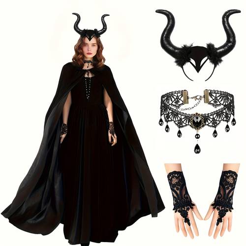 4pcs complete with black witch cape horned headband lace gloves demon queen outfit for wizard themed party dress for halloween cosplay costume set accessories bundle for carnival roleplay