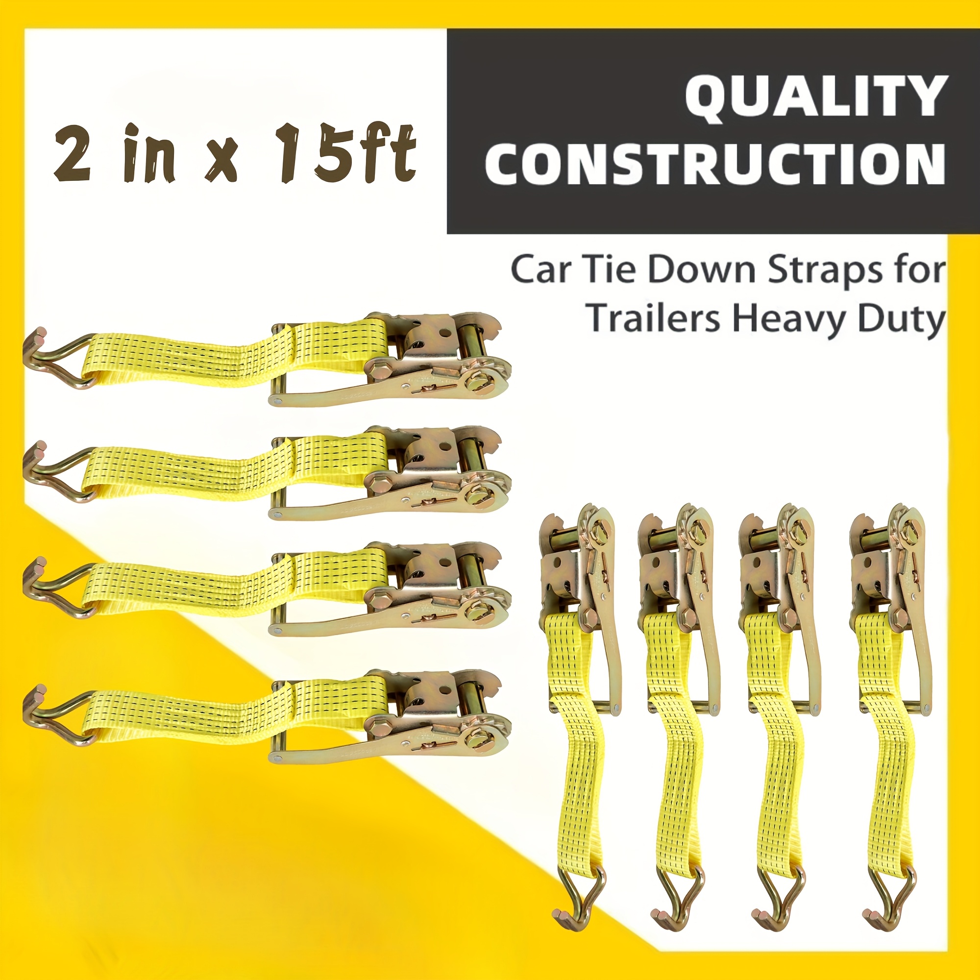 TEMU (8 Pack/ 6 Pack) 2 Inch 15 Feet 5000lb 50mm X 45m 2250kg Heavy Duty Ratchet Straps With J Hooks Yellow