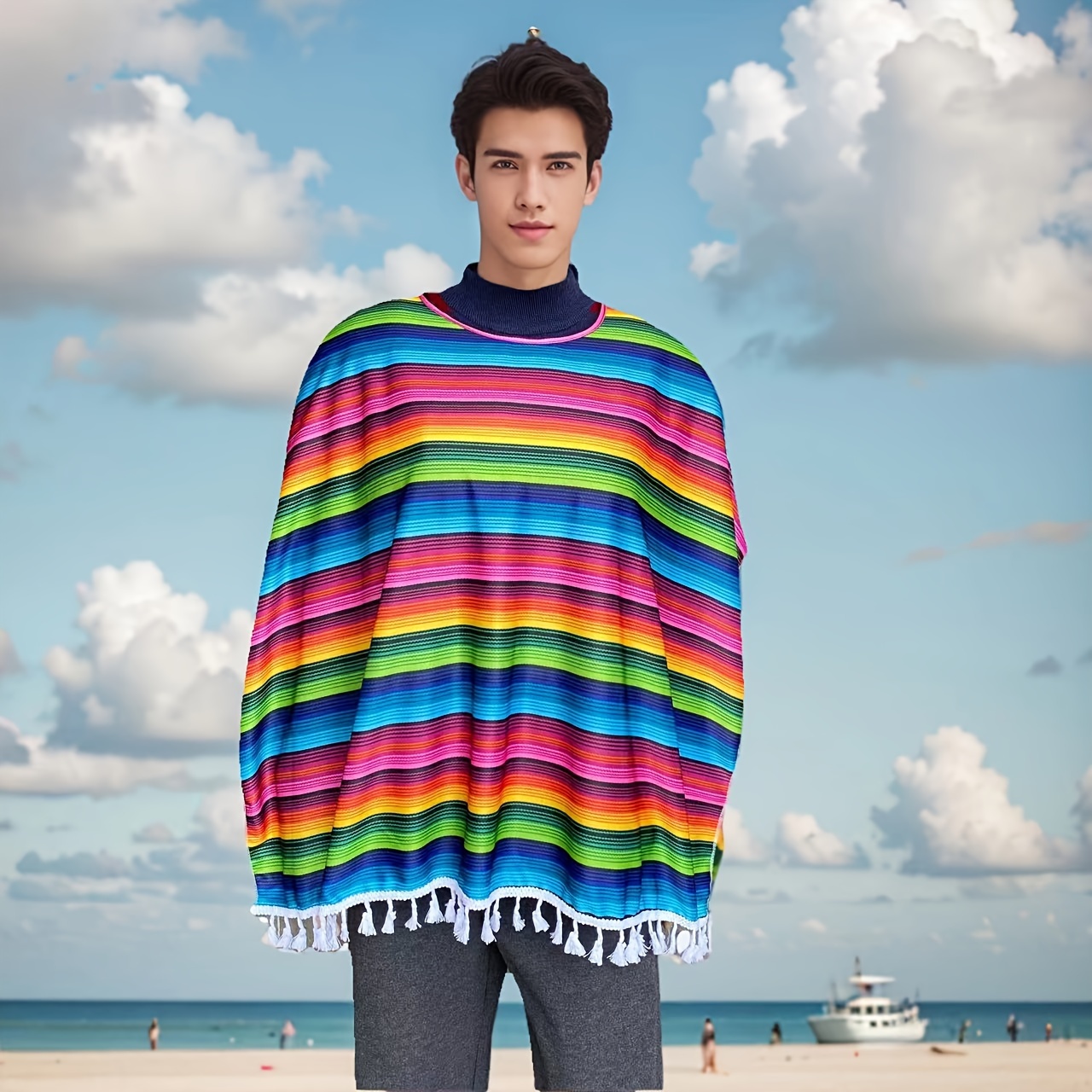 Image of Halloween Mexican Serape Striped Ethnic Style Cloak Cosplay Holiday Stage Performance Costume New Unisex