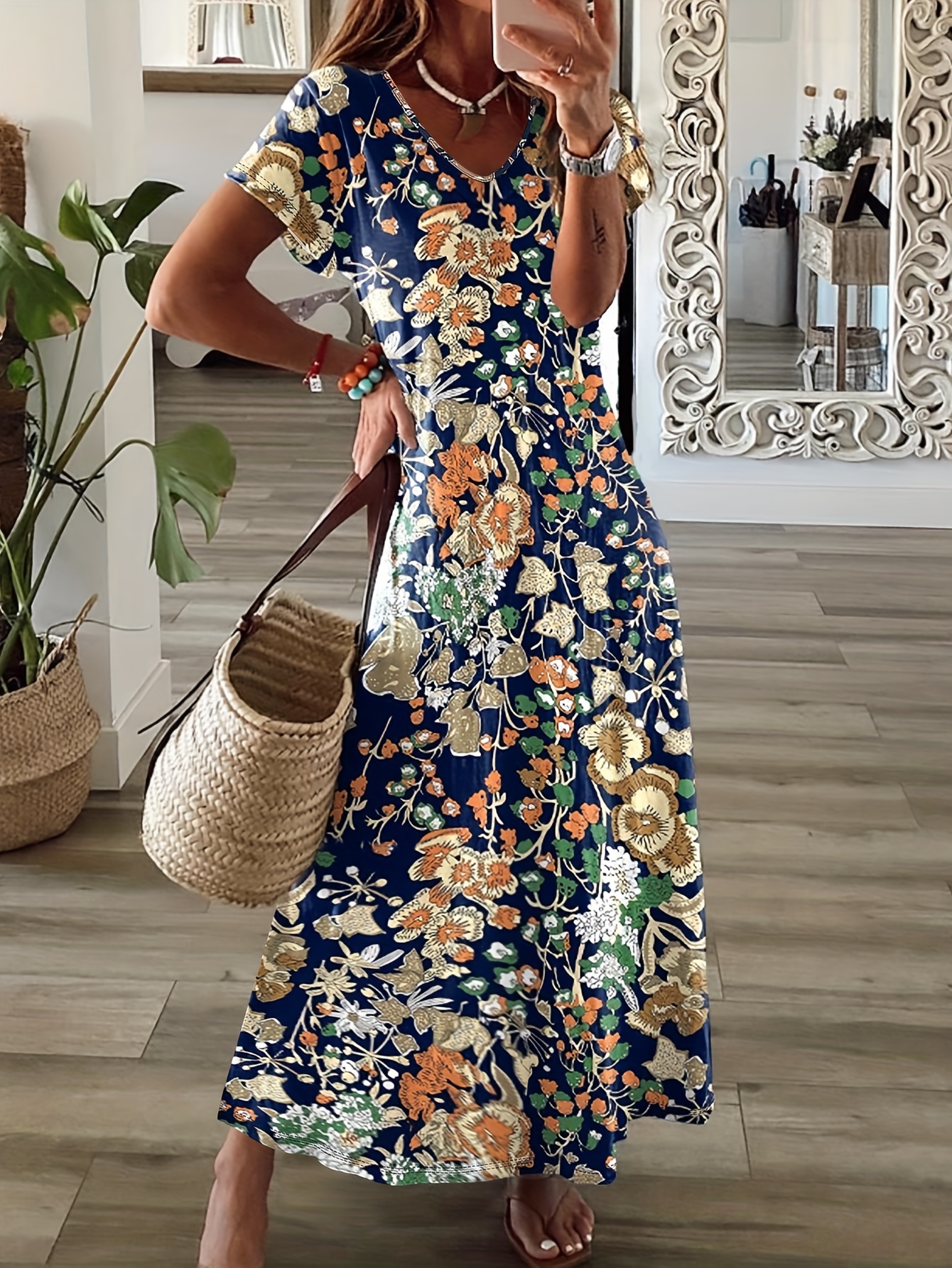 floral print v neck maxi dress vacation short sleeve dress for spring summer womens clothing details 1