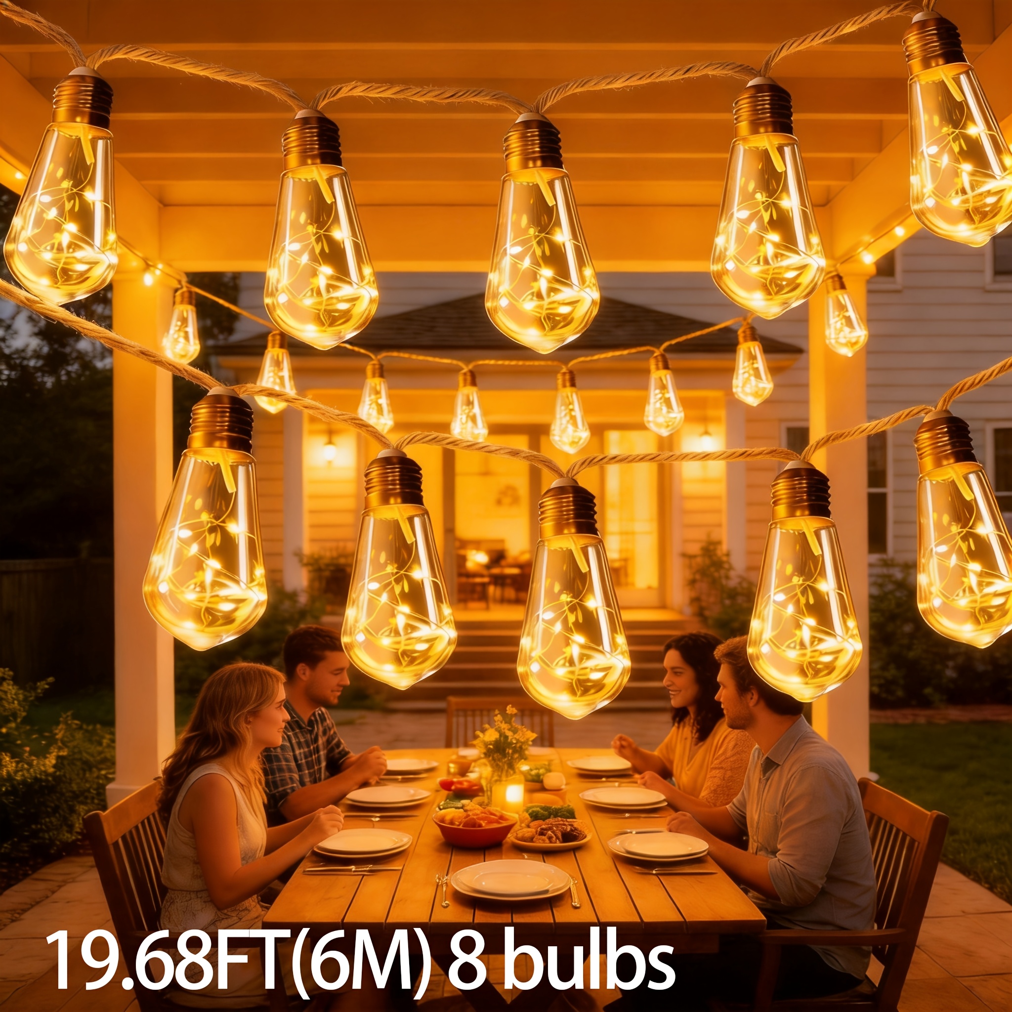 TEMU Guirlande Lumineuse Solaire d'Extérieur, 24/12/8 Bandes Lumineuses Suspendues Rétro en Corde de pour Cour, 8 Clignotants, Convient pour Fêtes