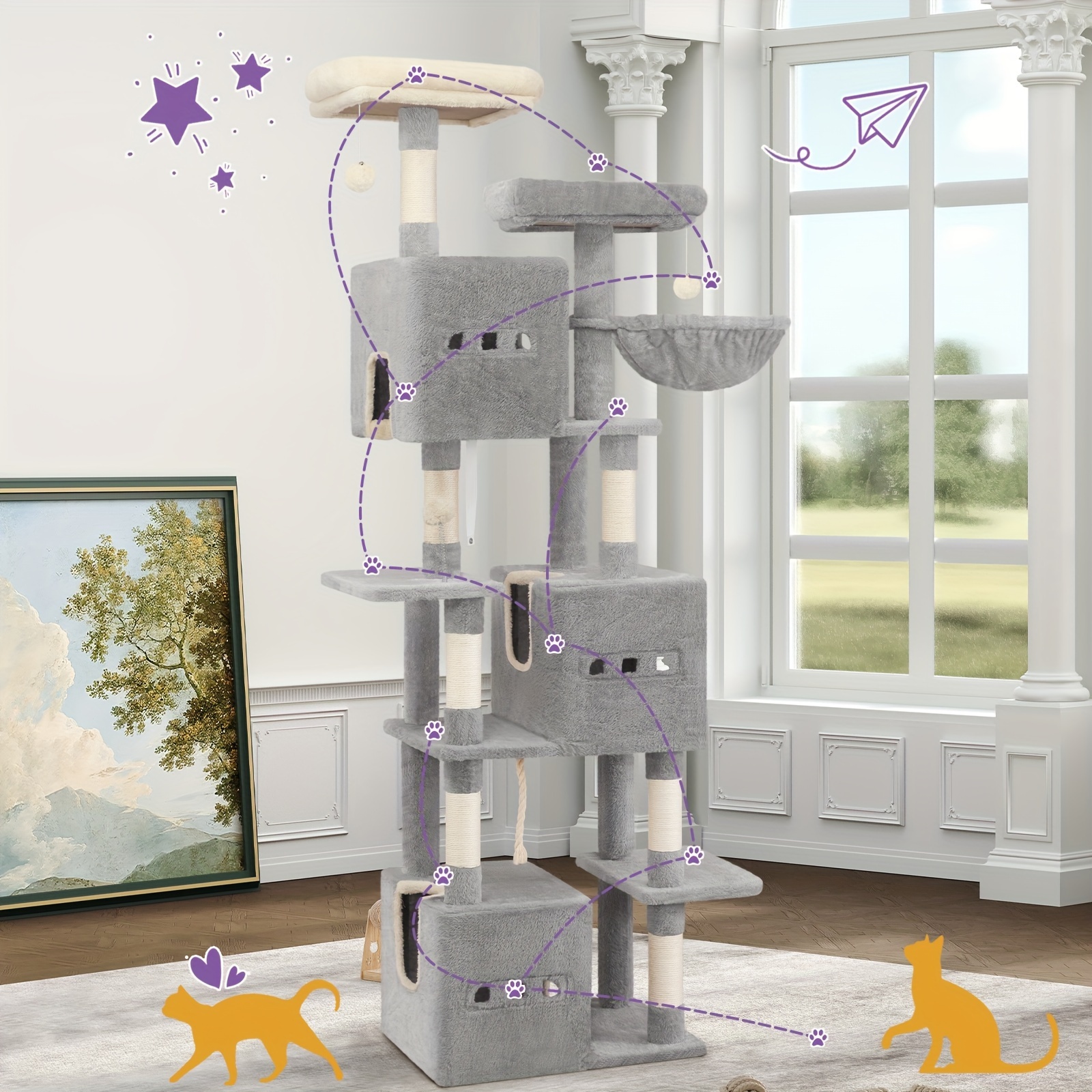 193cm cat tree large cat tower suitable for indoor cats cat tree 2 platforms 3 apartments 7 scratching posts 1 basket pom poms washable mat   gray