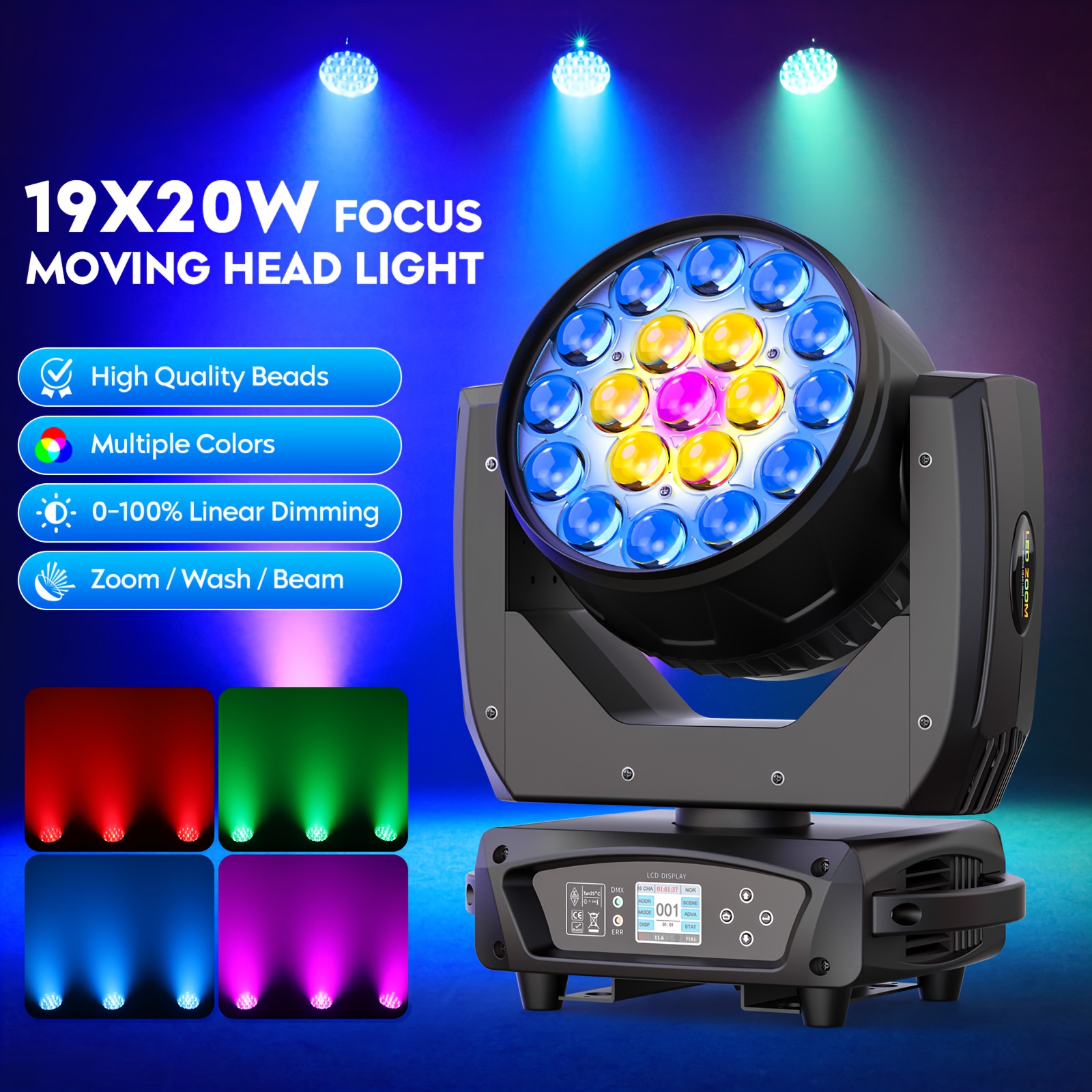 19x20w rgbw led moving head stage light with zoom (10-55°), dmx512 control, 16/ ,  ° pan &  ° tilt, 50, 000 , flight case included for dj, disco, bar, christmas 0