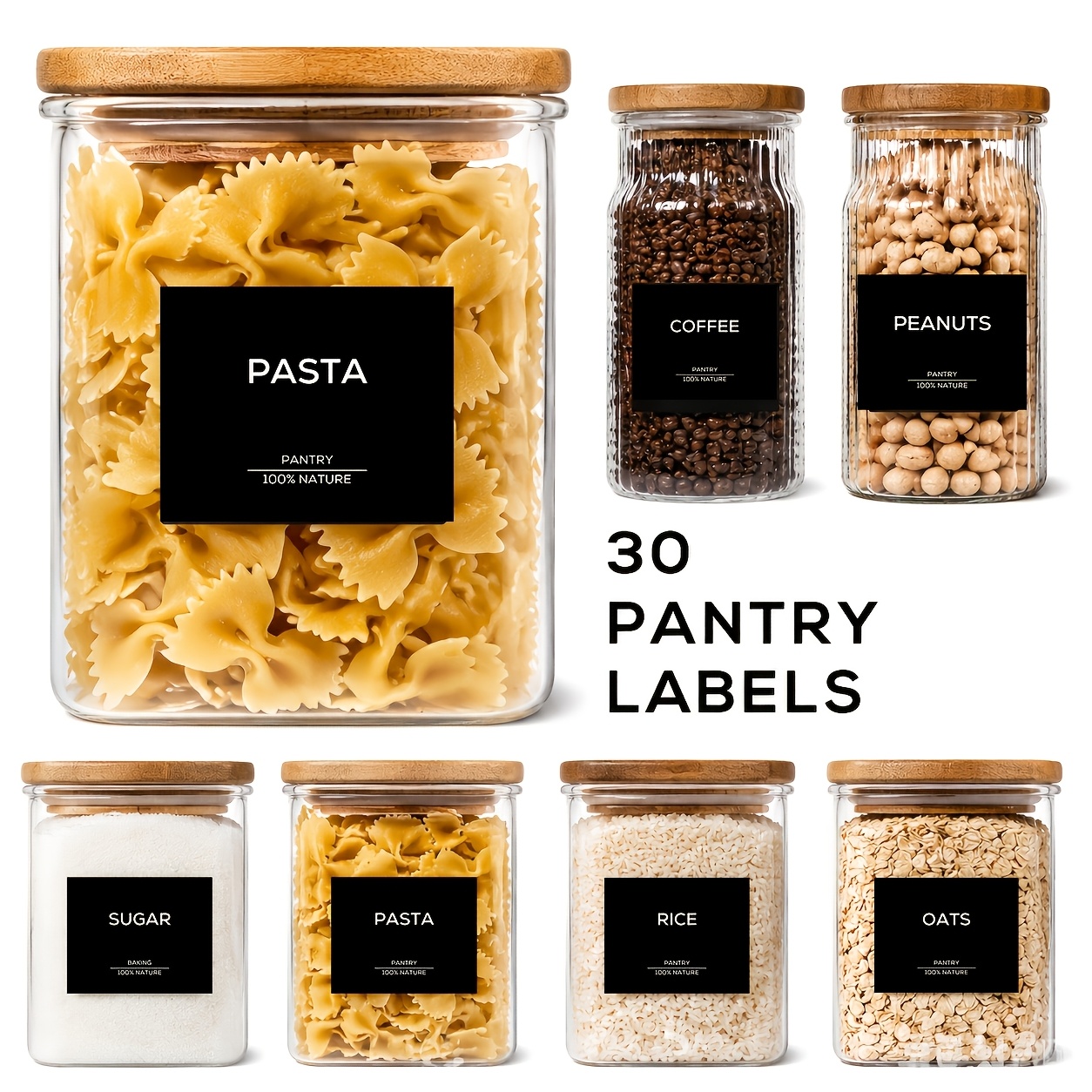 TEMU 30pcs Set, Black Background With White Text, Waterproof Removable Storage Jar Labels, English Printing, Simple , Container Stickers, Diy