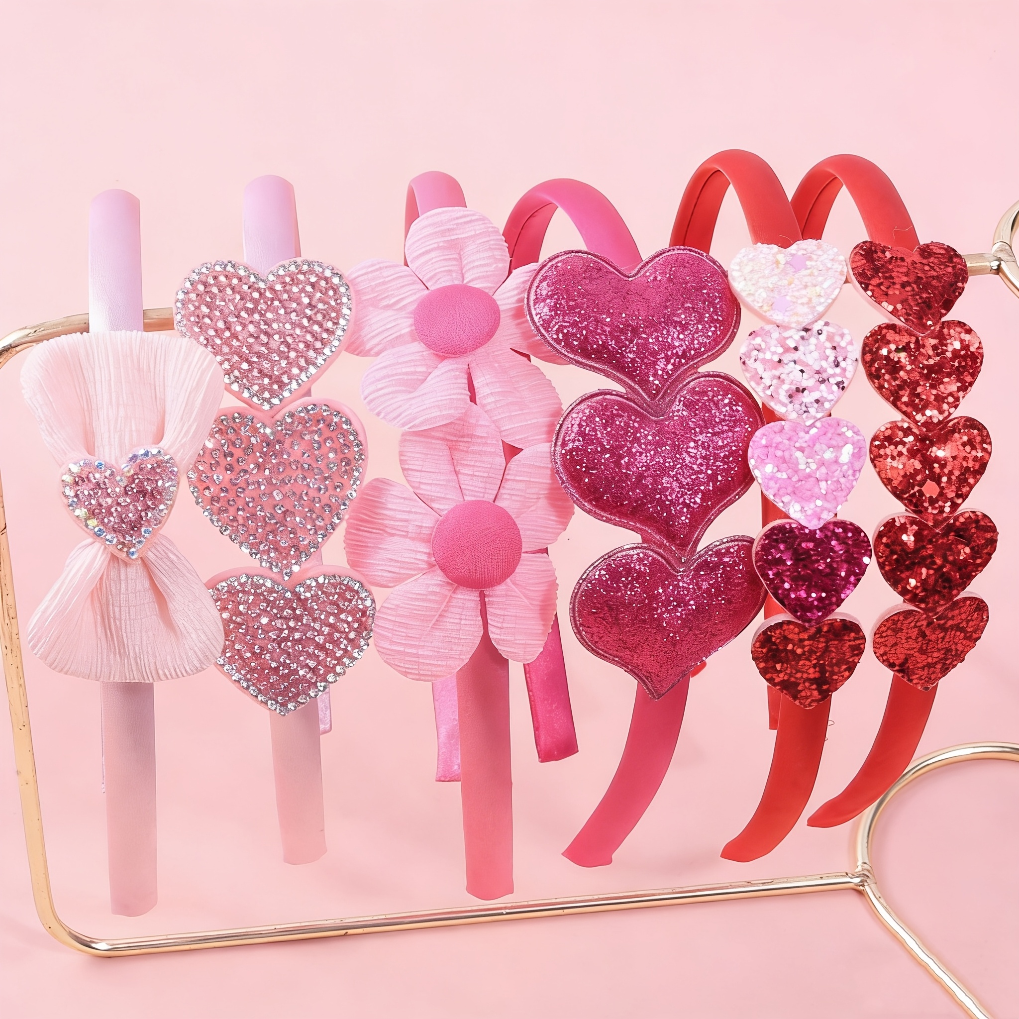 Image of 6 Minimalist Flower Headbands, Sweet Heart Headbands, Valentine's Day Satin Headbands, Glitter Heart Headbands, Valentine's Day Headdress
