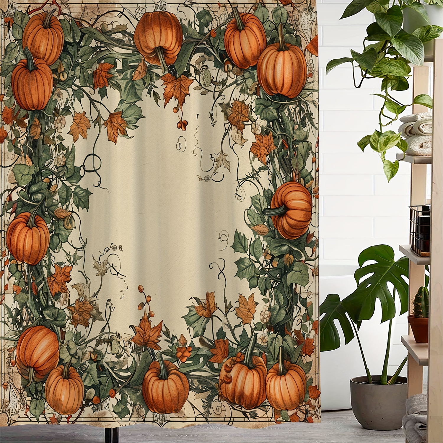 

Autumn Harvest Pumpkin Vine Print Waterproof Polyester Shower Curtain - Machine Washable, Artsy Fall Decor With 12 Hooks, Water-resistant Woven Bath Curtain