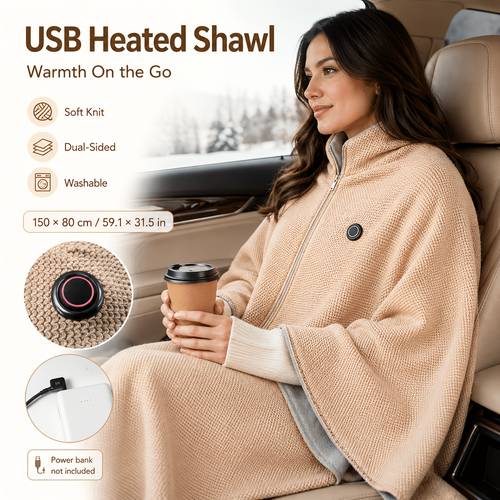 item picture portable heated car blanket beige 5v 2a usb powered wearable shawl with zipper 150 x 80cm electric travel throw for men women car suv commuting road trips bank not included
