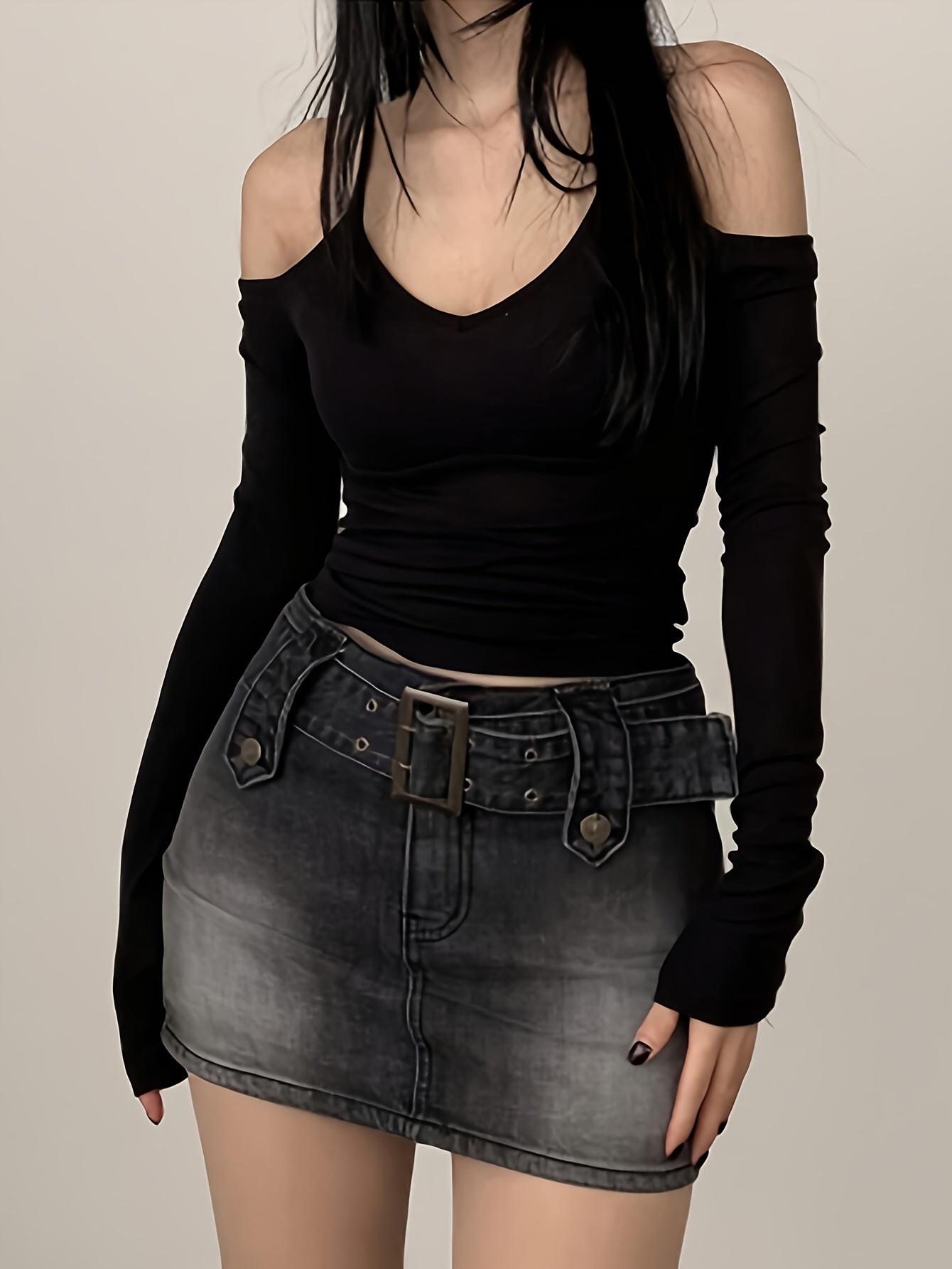 Camiseta de Larga con Hombros Descubiertos para Mujer Y2K Lavable a  Máquina, Corte Regular para Ropa C