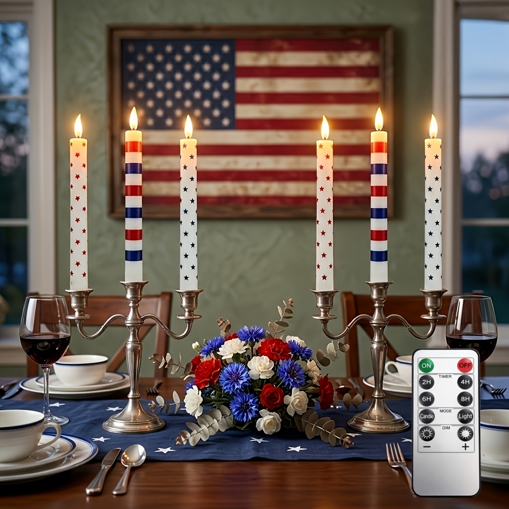 TEMU 7pcs Patriotic Flameless Window Candles Set: 6 Led Taper Candles With American Flag Stars & Stripes + 1 Remote, Battery Operated Electronic