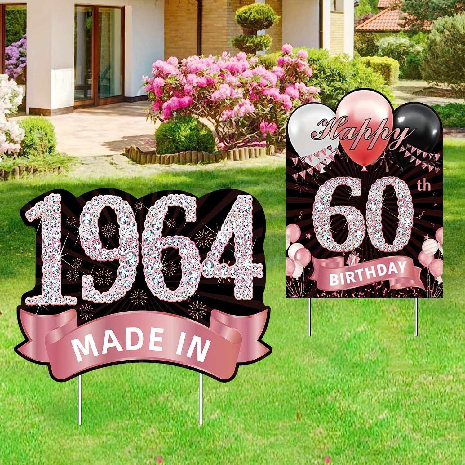 

2pcs Pink 60th Birthday Sign With Stakes, Born In 1964, Birthday Decorations For Garden Lawn, Outdoor Yard Signs Decorations, Yard Stakes For Party Decorations, 60th Birthday Party Supplies Props