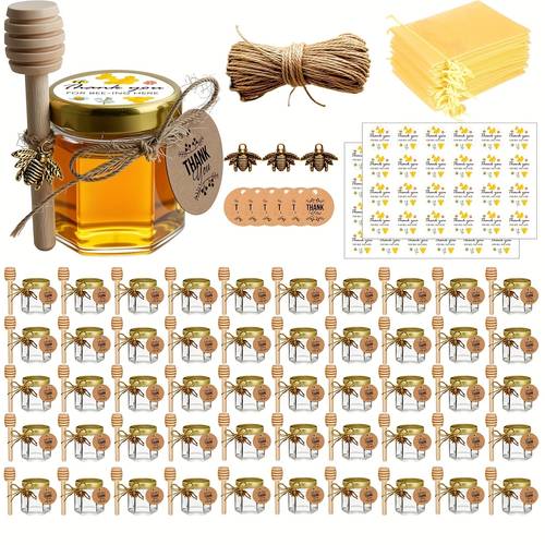 1 5oz mini glass hexagon canning jars with golden lid bee charms honeybee pendant honey sticks jute tag string thank you gift tags baby shower party wedding favors
