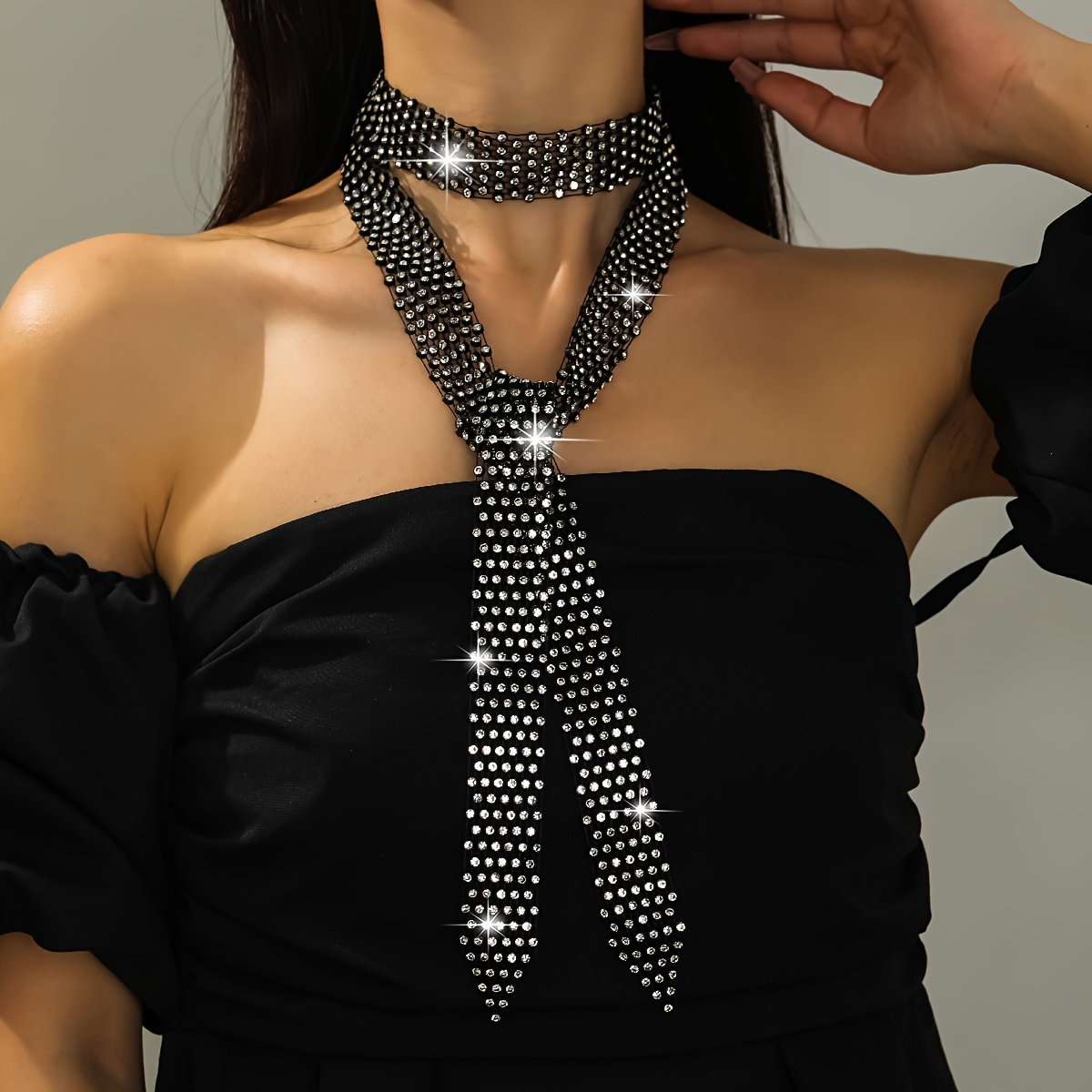 

Elegant Black Rhinestone Choker Necklace, Sexy Long Tassel Collar, Vintage Style Weave, Party & Wedding, Valentine's Day Gift, Accessory