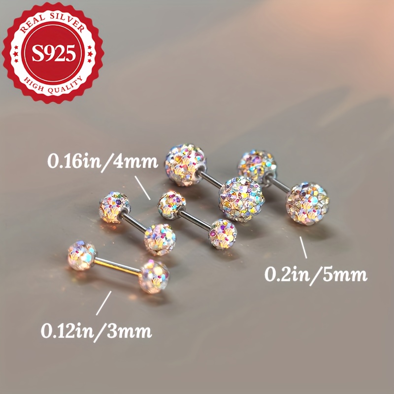 Set, Argint S925, Cercei Sferici Iridescenti Stralucitori, Hipoalergenici, 3Mm (1.4G) 4Mm (1.52G) 5Mm (1.81G)