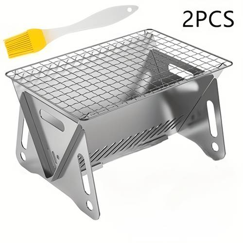 2pcs set outdoor foldable bbq grill stainless steel card stove portable charcoal stove camping additions 1pc barbecue grill 1pc seasoning brush