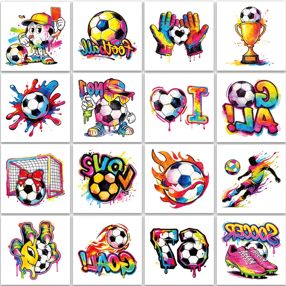 TEMU 16 Fogli di Adesivi Tatuaggi a Tema Calcio per Feste, con Design Realistici di Calcio che Includono di Calcio, da Calcio, Maglie e . Design a