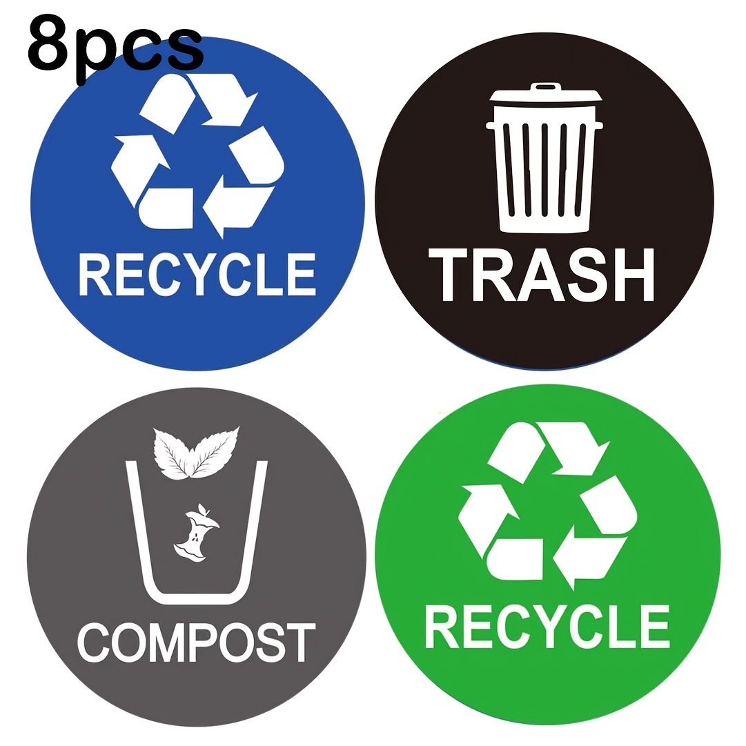 TEMU 8pcs Recycle Sticker Trash Bin Label Recycle And Trash Stickers Combo, Trash Bin Decals Recycle Sticker Trash Symbols Sticker 4 X 4 Inches 4inch