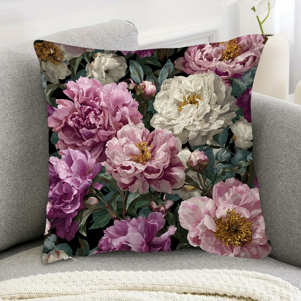 TEMU 1pc 45.72x45.72cm Pillowcase - Pink, White, Purple, Beige, Luxurious Zipper Closure, Machine Washable, Elegant Dark Green Leaves With Blooming