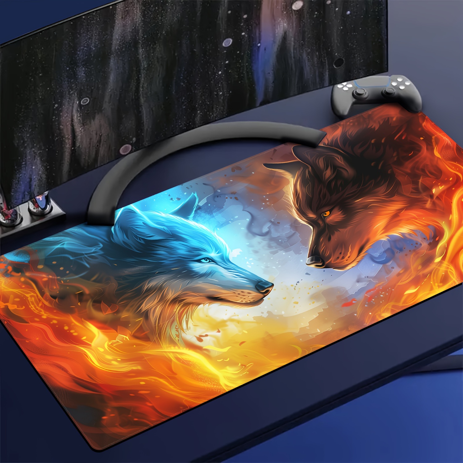 

Ice Fire Wolf Design Large Mouse Pad - Non-slip Rubber Base, Washable Desk Mat For Keyboard And Computer, Durable Office Desk Accessories And Home Decor - No Battery Required