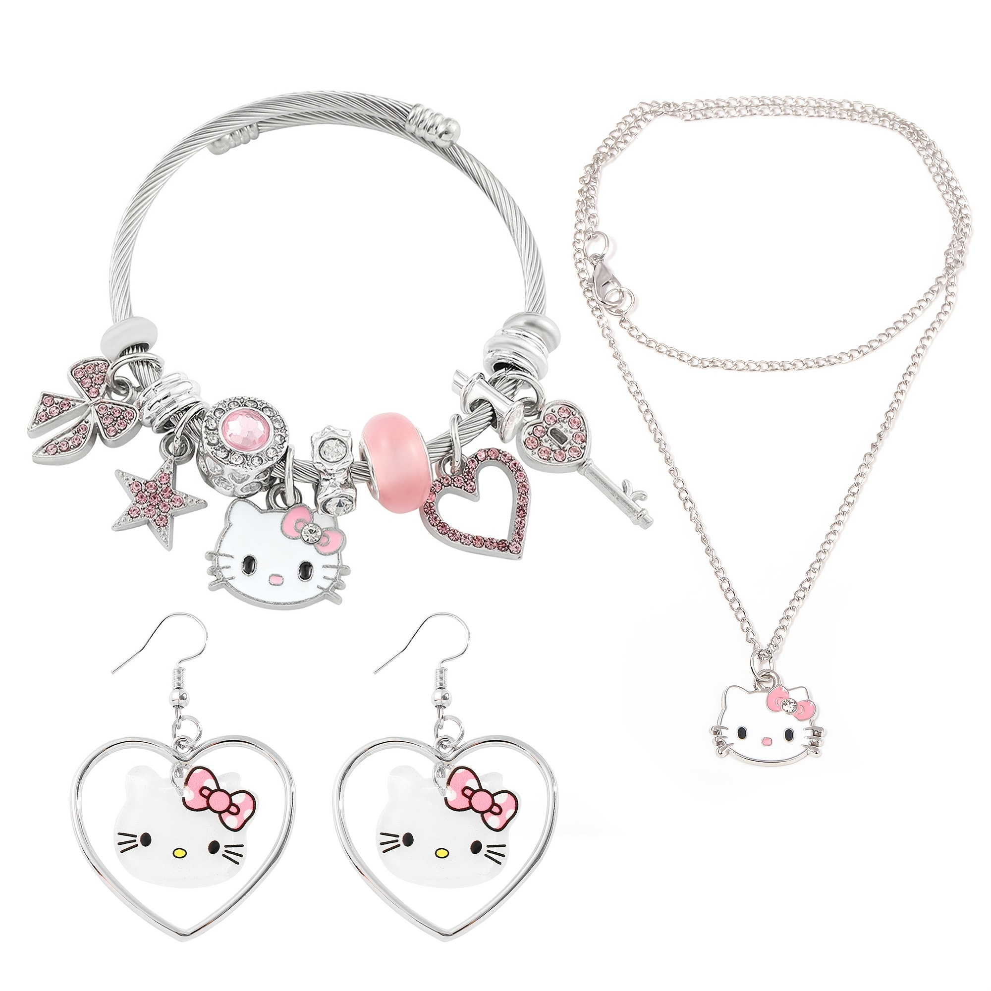 

Hello Kitty 4pcs Jewelry Set - Heart-shaped Earrings & Bracelet With Bow Detail, Trendy Zinc Alloy Fashion Accessories For Casual Attire Or Holiday Gift