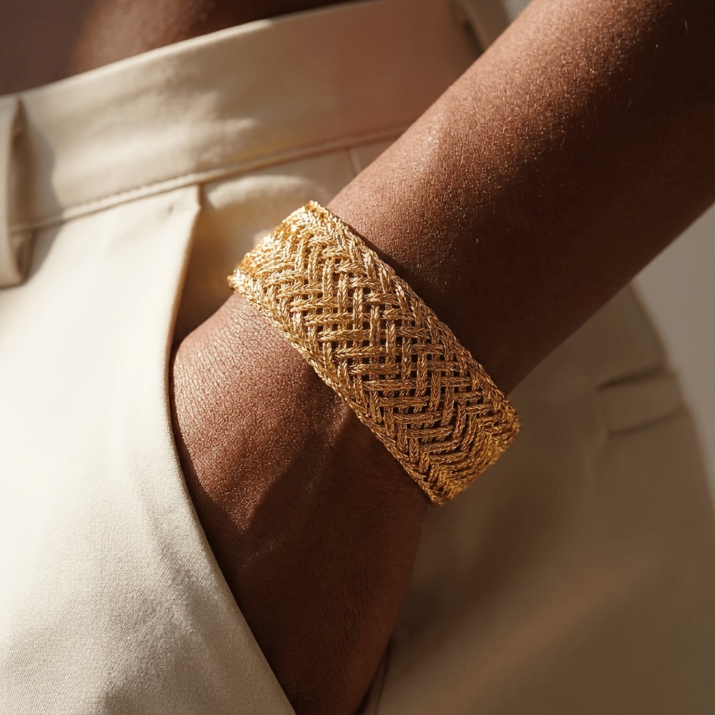 TEMU 1pc Hollow-out Woven Golden Open Bangle, Vintage Light Luxury Woven Texture Bracelet, European And Versatile High-end Jewelry For Women