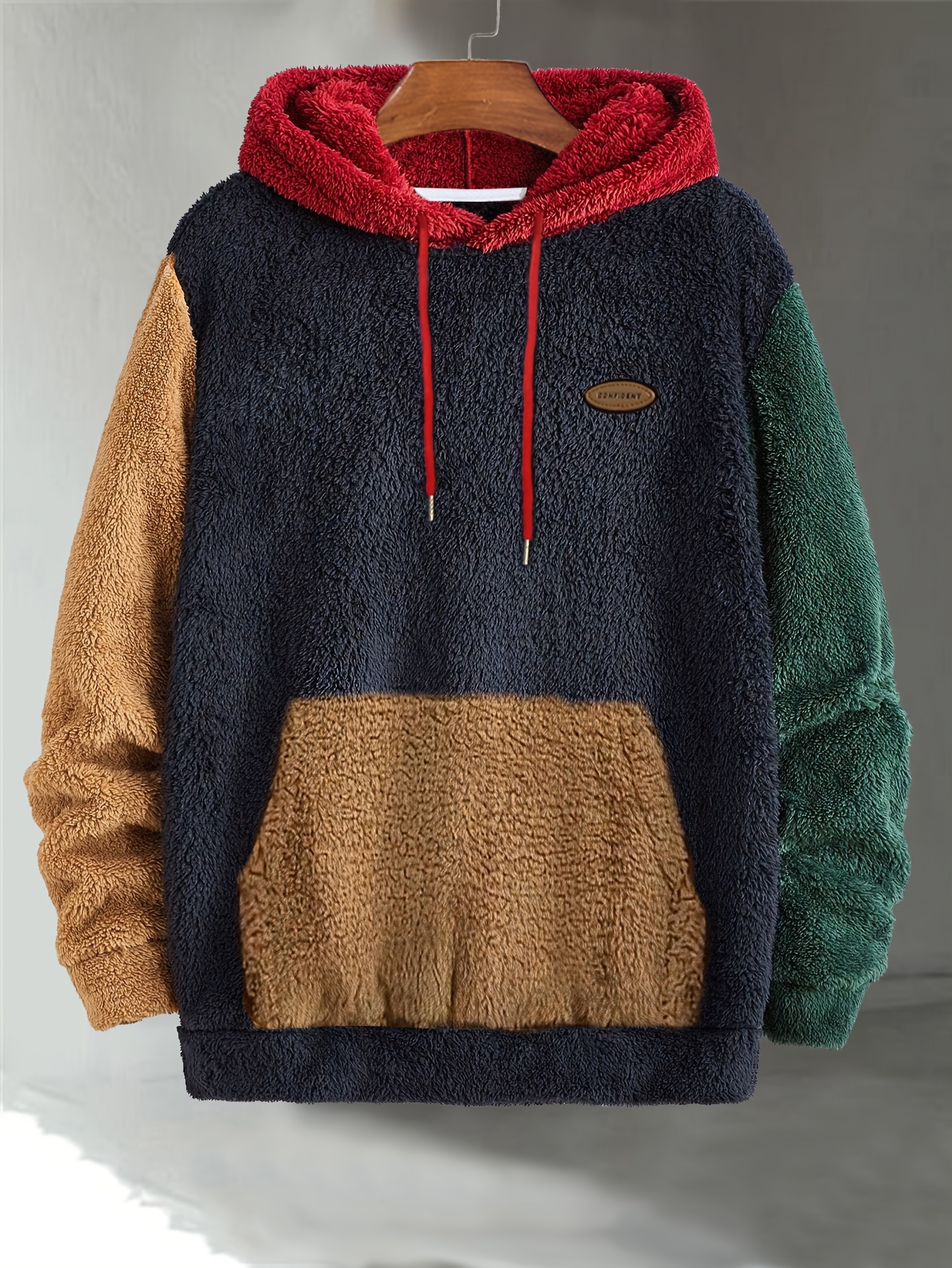Men's Multicolor Fleece Hoodie with Patch - Warm, Casual Fall & Winter Sweatshirt with Drawstring Hood and Kangaroo Pocket, Casual Winter Wear|Color Block Hoodie|Soft Texture Sweatshirt