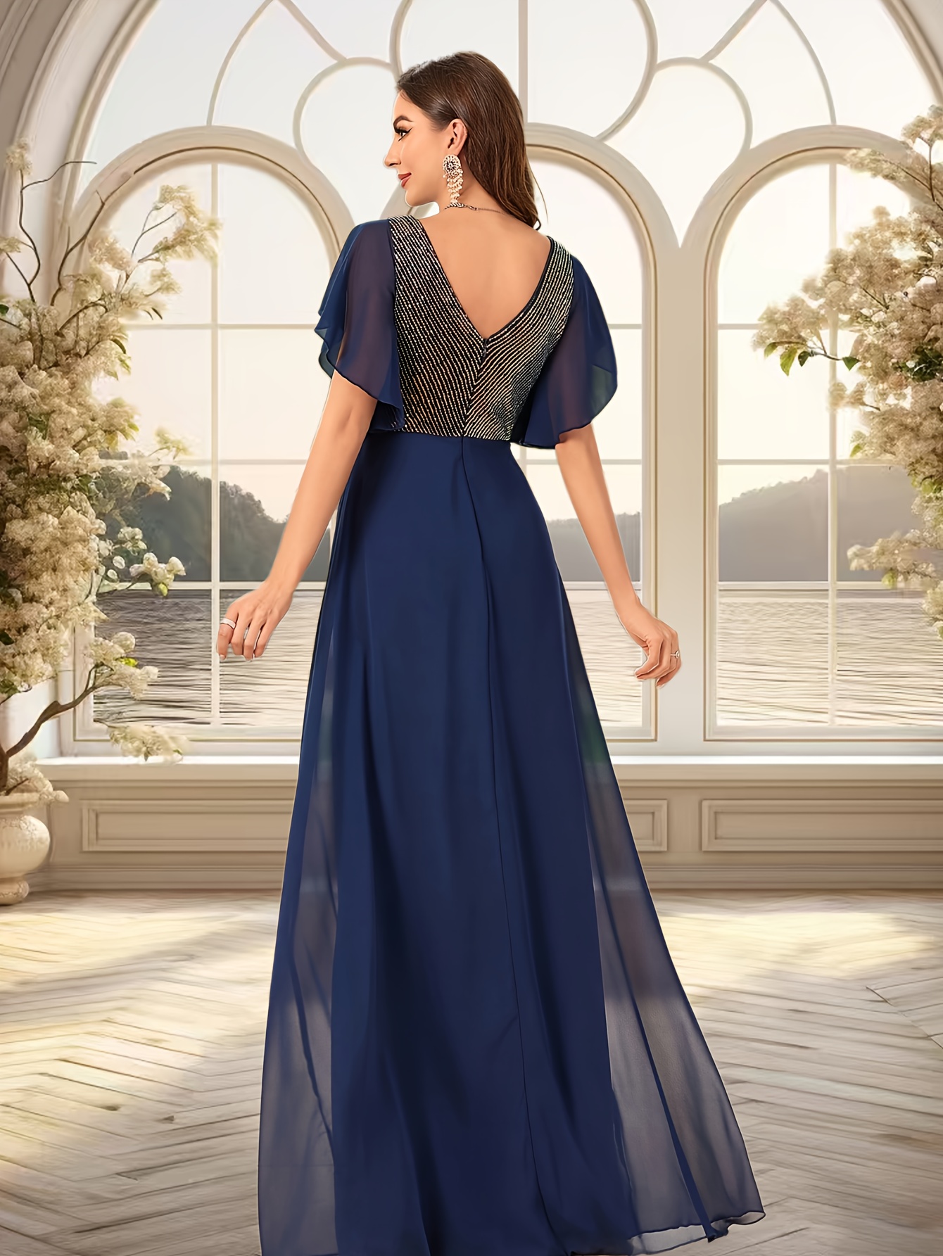 vestido chiffon elegante cuello panel lentejuelas Temu Spain