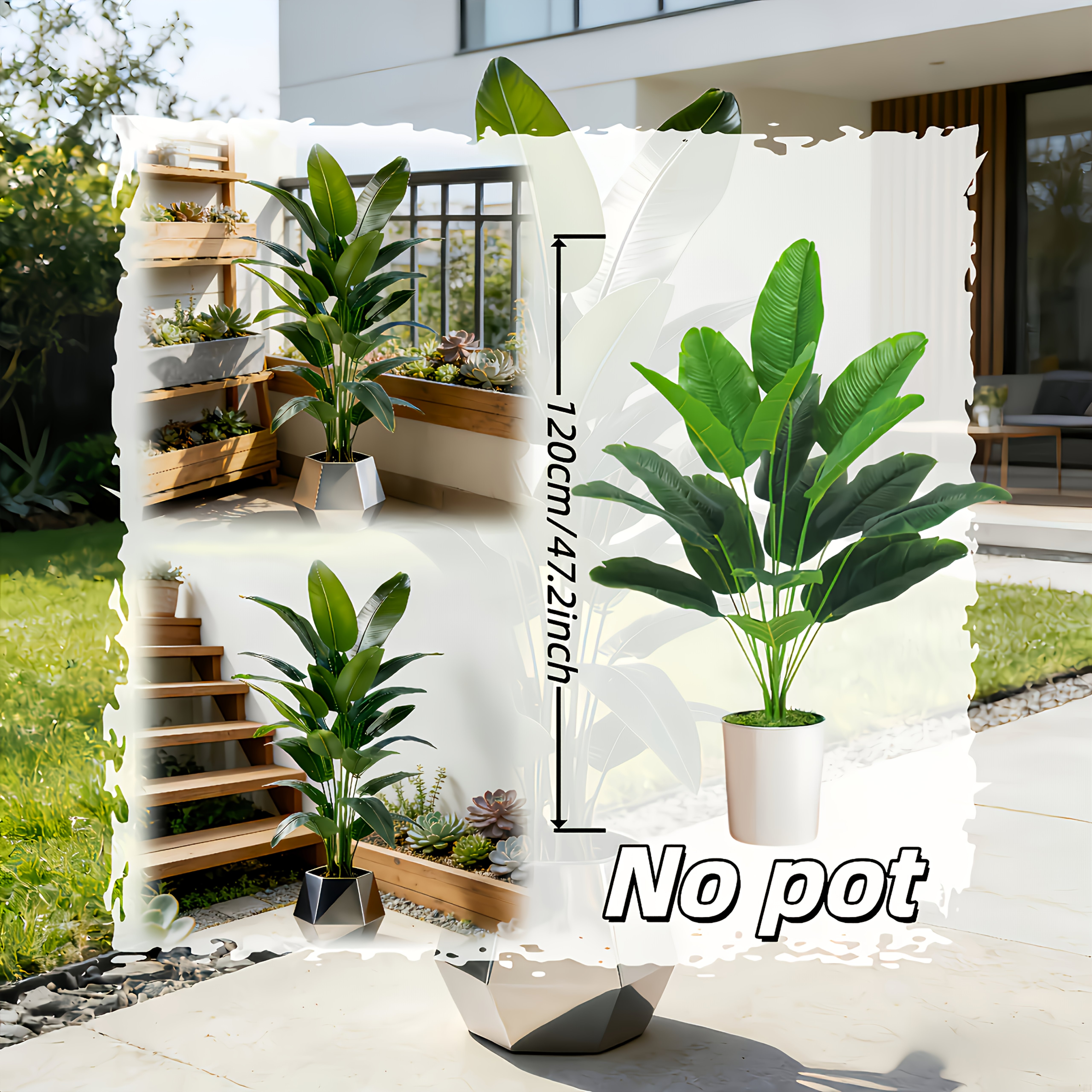 Plantasartificialesdeexteriorsimuladas,palmeras,conhojasverdesgrandesydensasquenorequierenmantenimiento.Adecuadasparavariosentornosinterioresyexteriores,incluyendopatios,oficinas,bodas,terrazas,piscinas.
