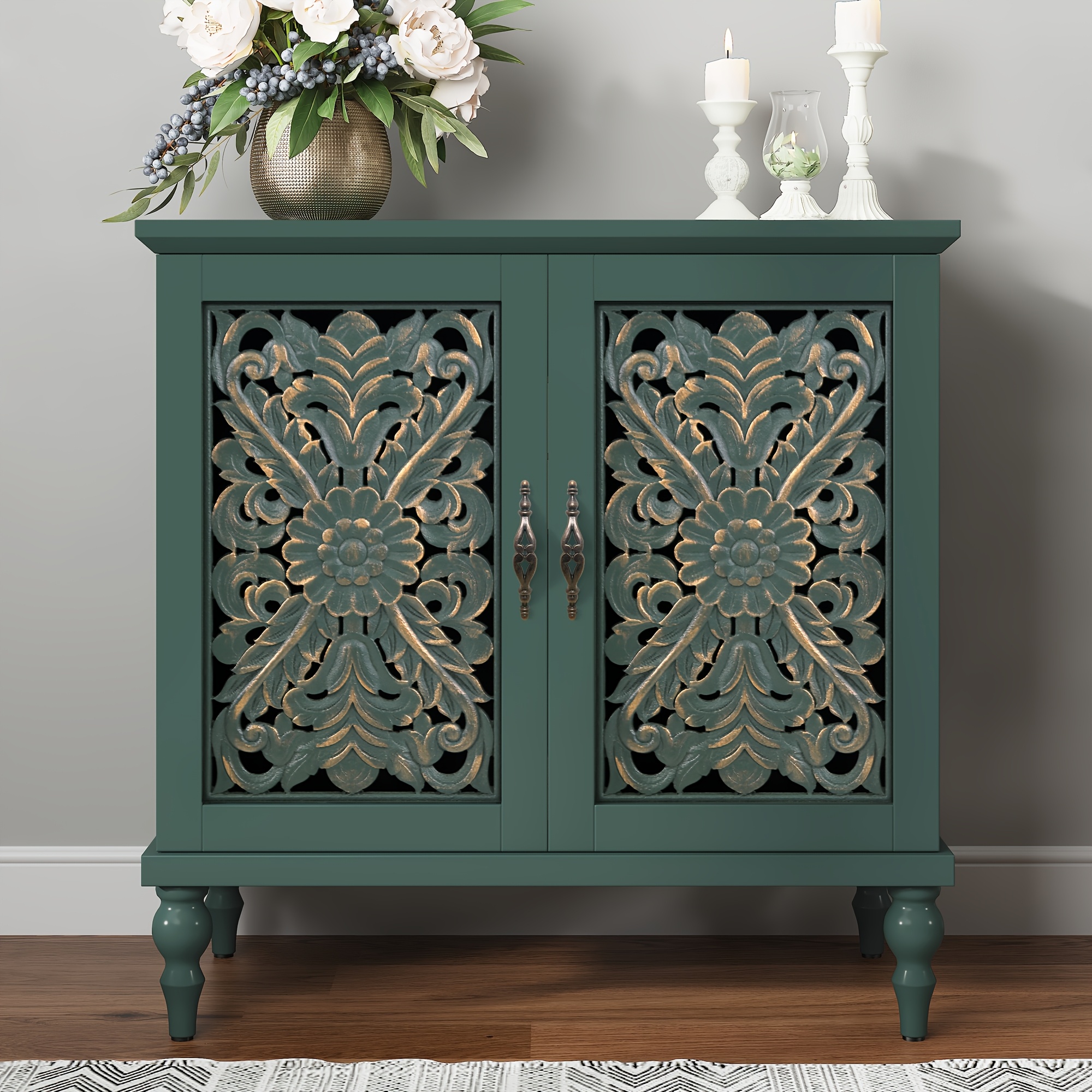 Image of Accent Cabinet With 2 Doors, Vintage Carved Wood Storage Cabinet, Sideboard Buffet Cabinet With Storage Credenza For Living Room, Kitchen, Dining Room, Entryway, Hallway