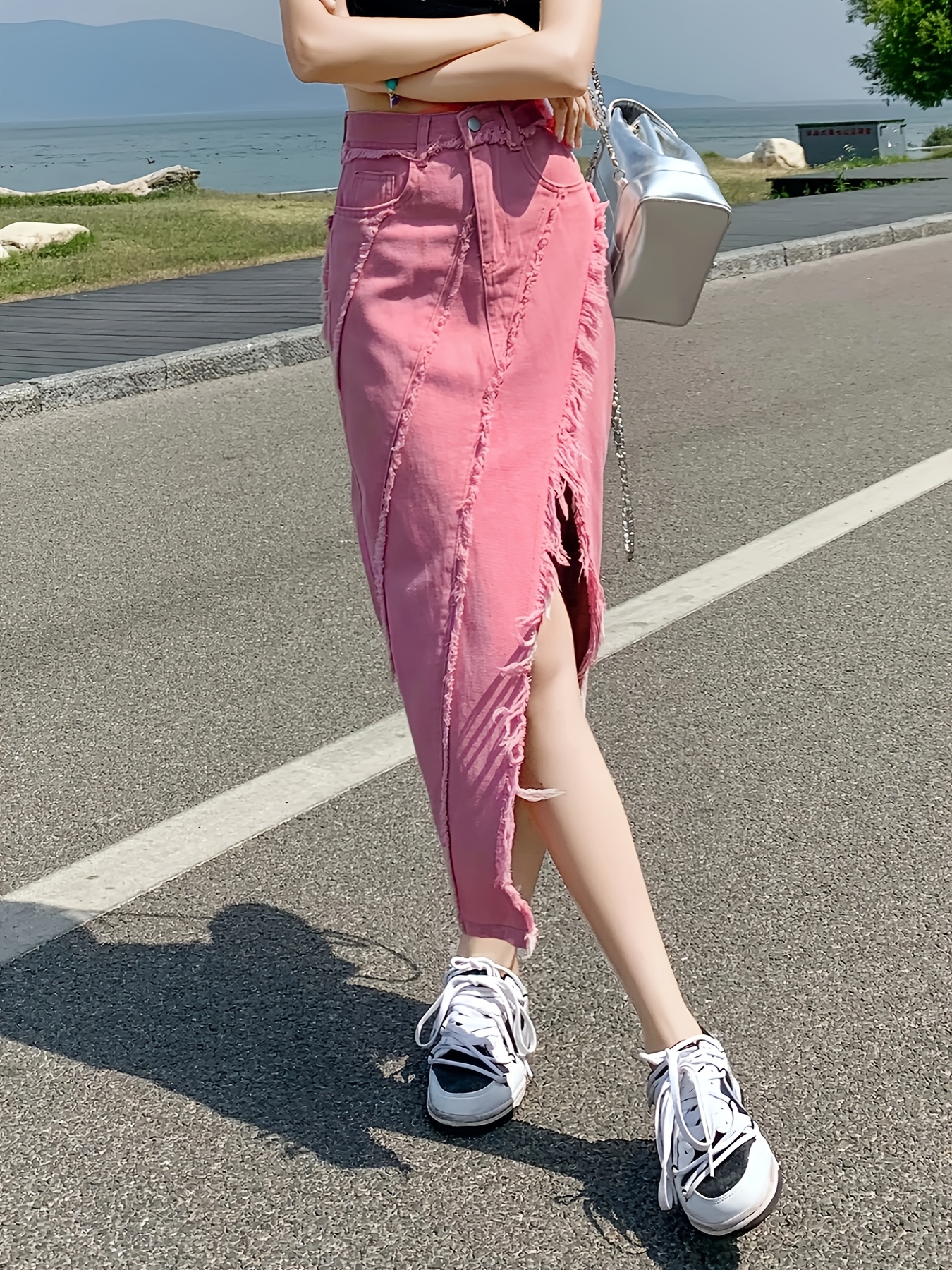 Midi Skirt Pink Button Down Skirt Outfit Womens Pink Denim Skirt - Main Image