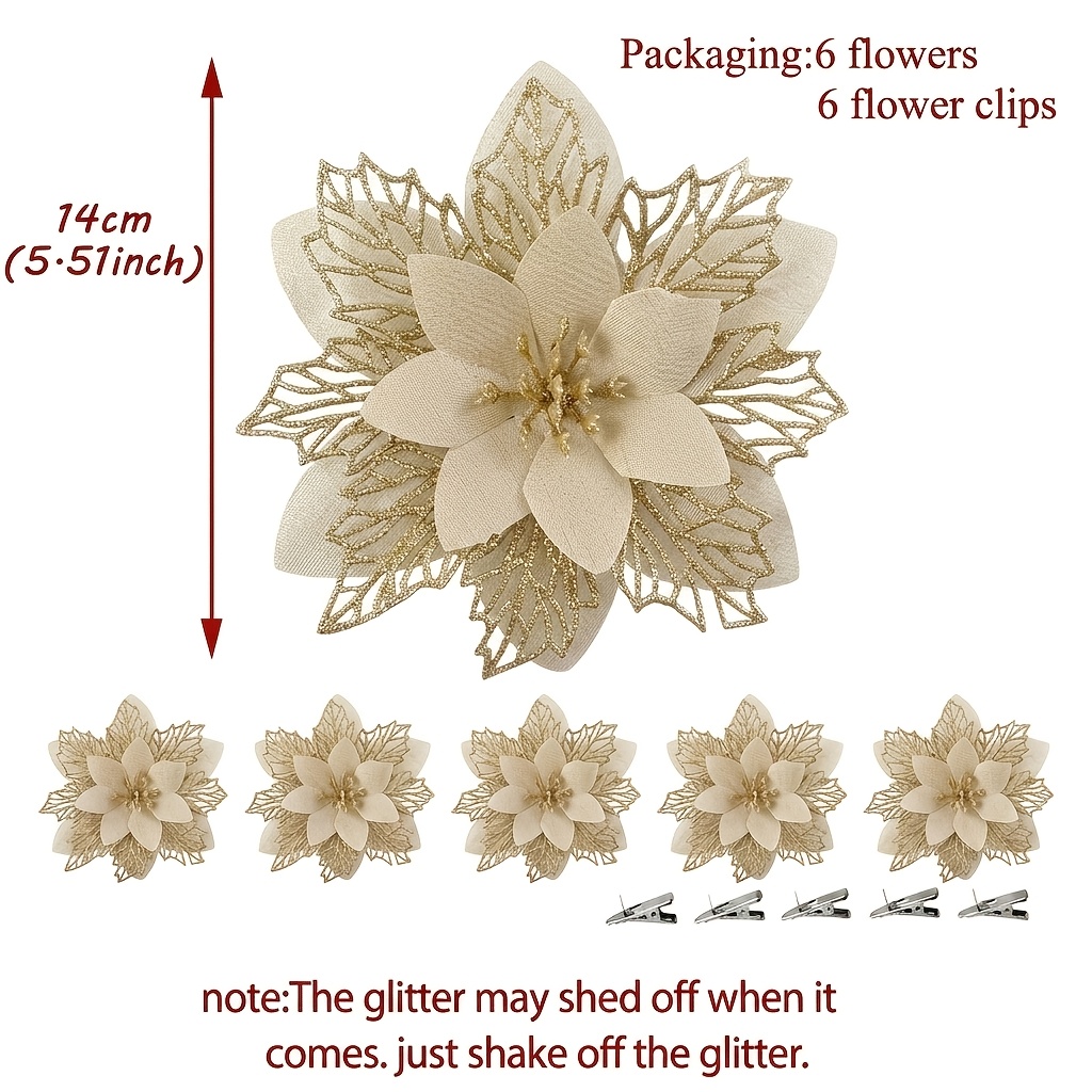TEMU Ensemble de 12 fleurs de Noël artificielles colorées à 3 couches creuses, (6 fleurs et 6 pinces à fleurs) - avec poudre dorée, ornements de Noël