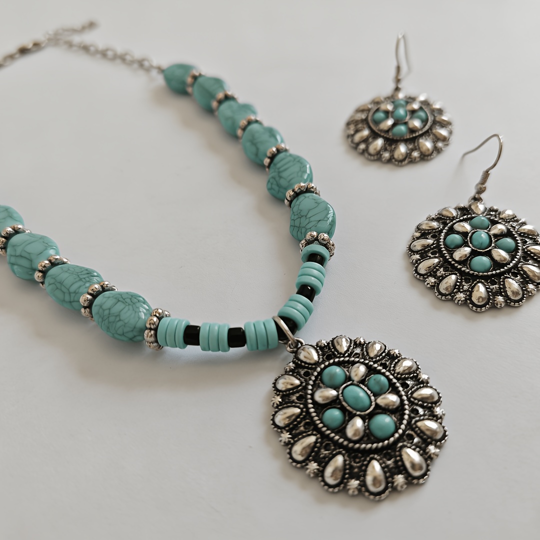 Vintage Ethnic Style Layered Necklace & Earring Set, Faux Turquoise