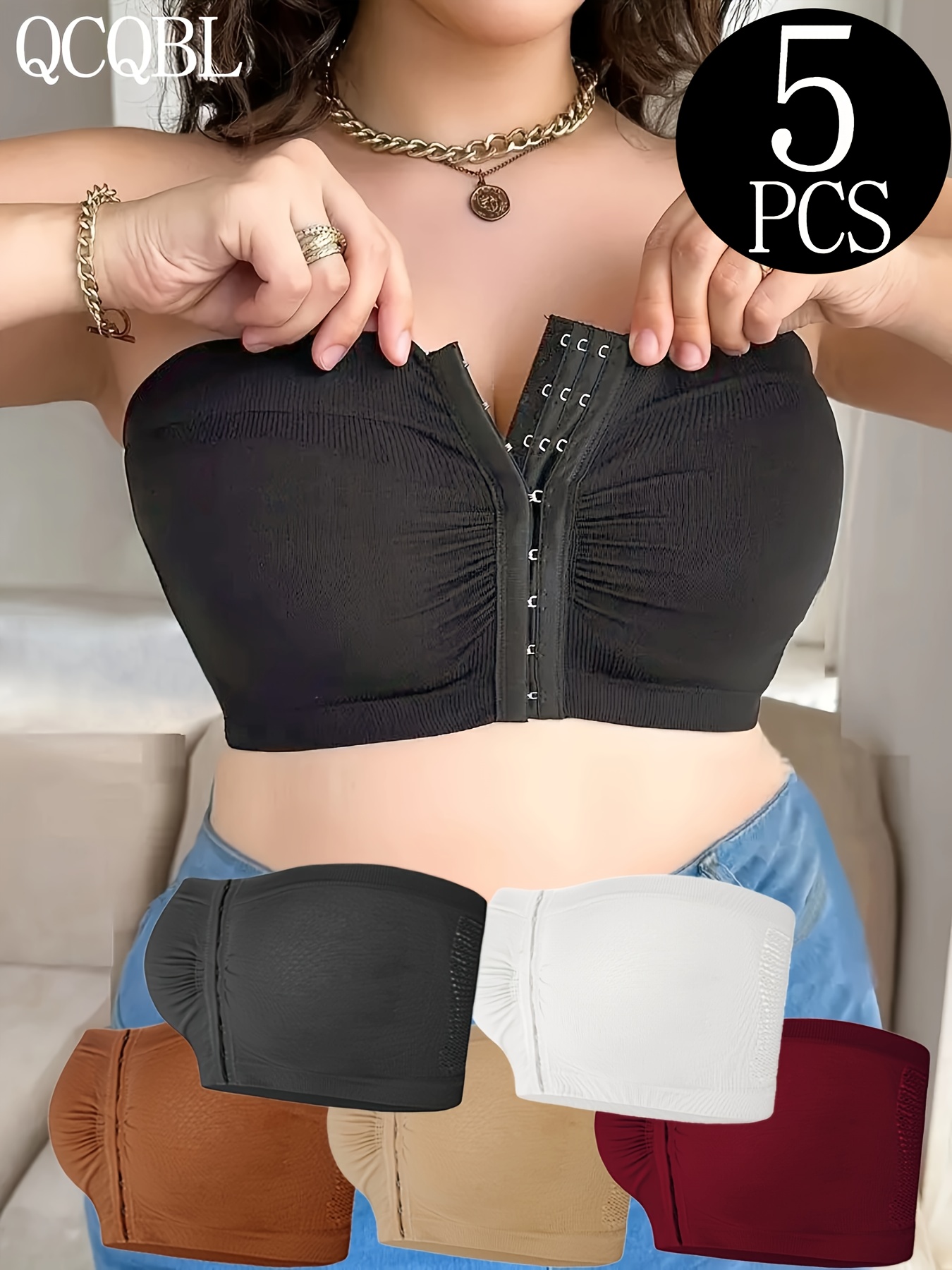 5pcs plus size front closure bra set elegant nylon   size womens bandeau wireless design front closure plus size womens strapless medium stretch solid color no padding