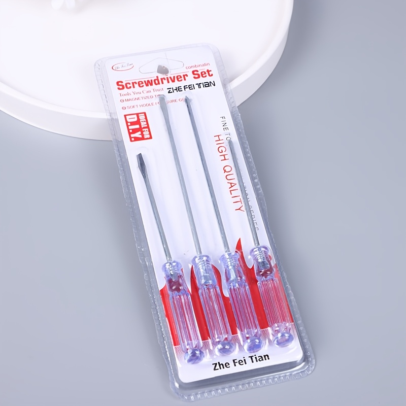 TEMU Carded 4pcs Crystal Handle Screwdrivers, Small And Large Size Screwdrivers, Square Head And Pointed Head Screwdriver Combination, Hardware Tools