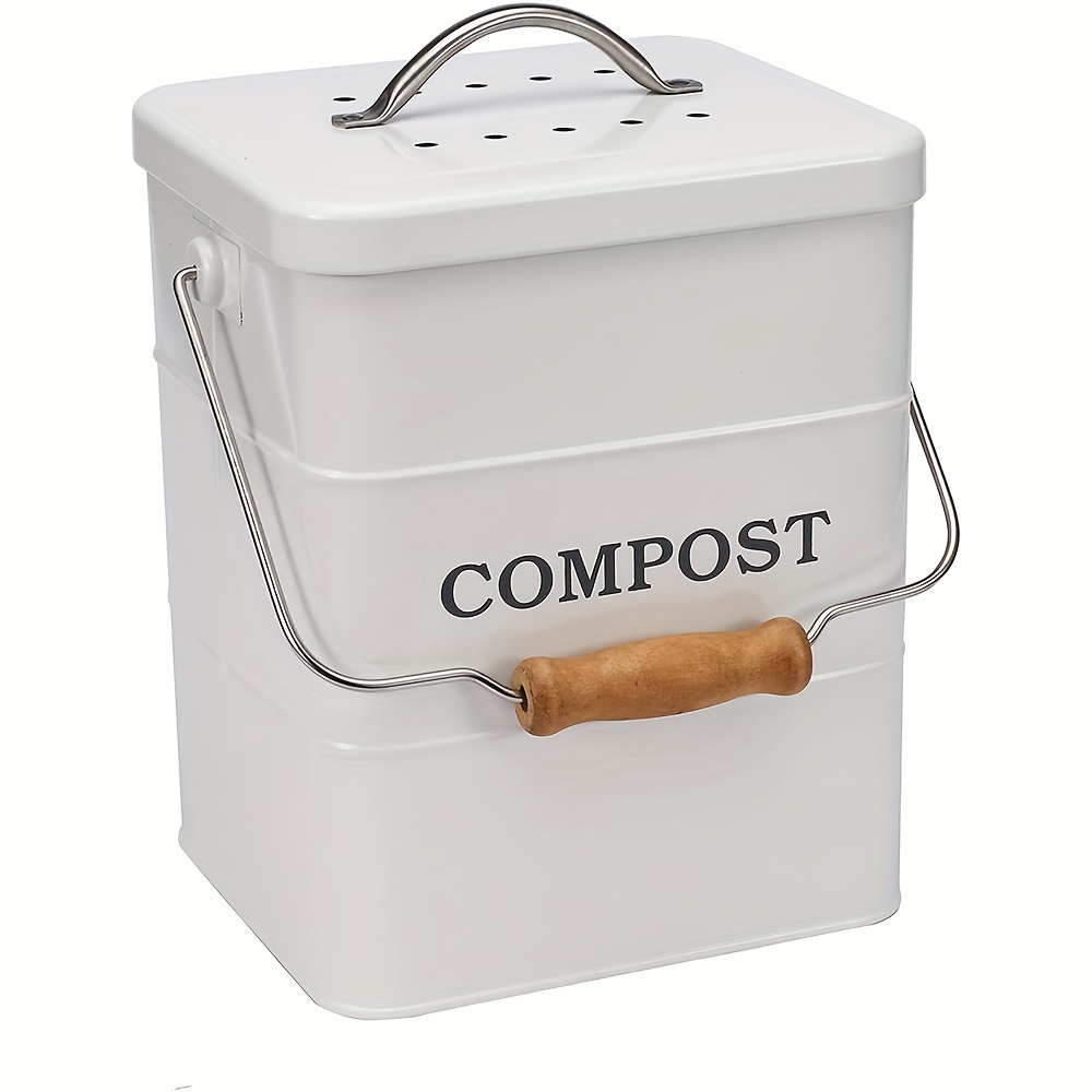 TEMU Kitchen Compost Bin, 1-liter Metal Compost Bin With Filter And Wooden Handle - Small Compost Bin, White