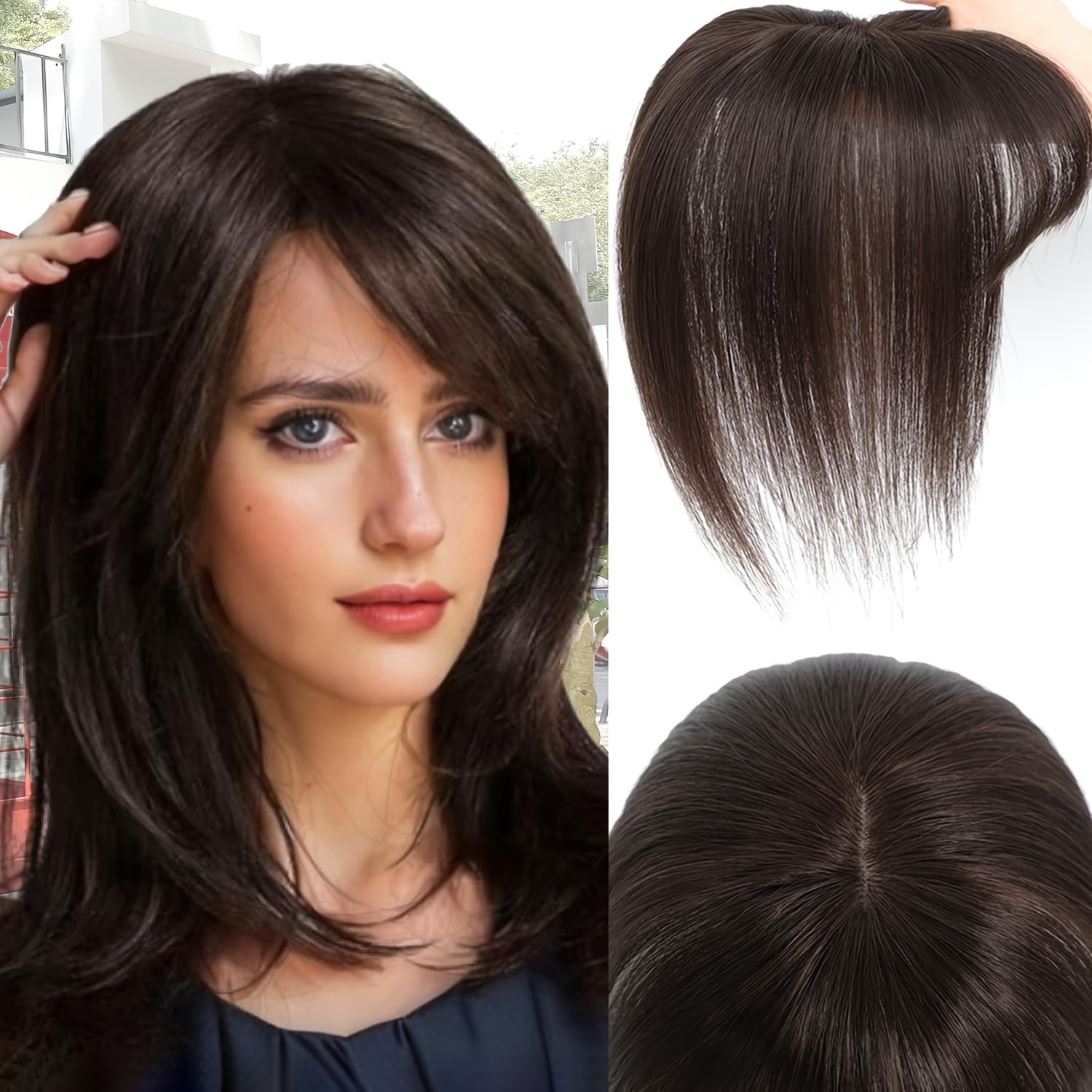 TEMU Hair Toppers For Women Clip In Bangs Real Human Hair Pieces French Bangs Topper For Solve Loosing And Thinning Add Volume Silvery Gray 10 Inches Toppers For Women