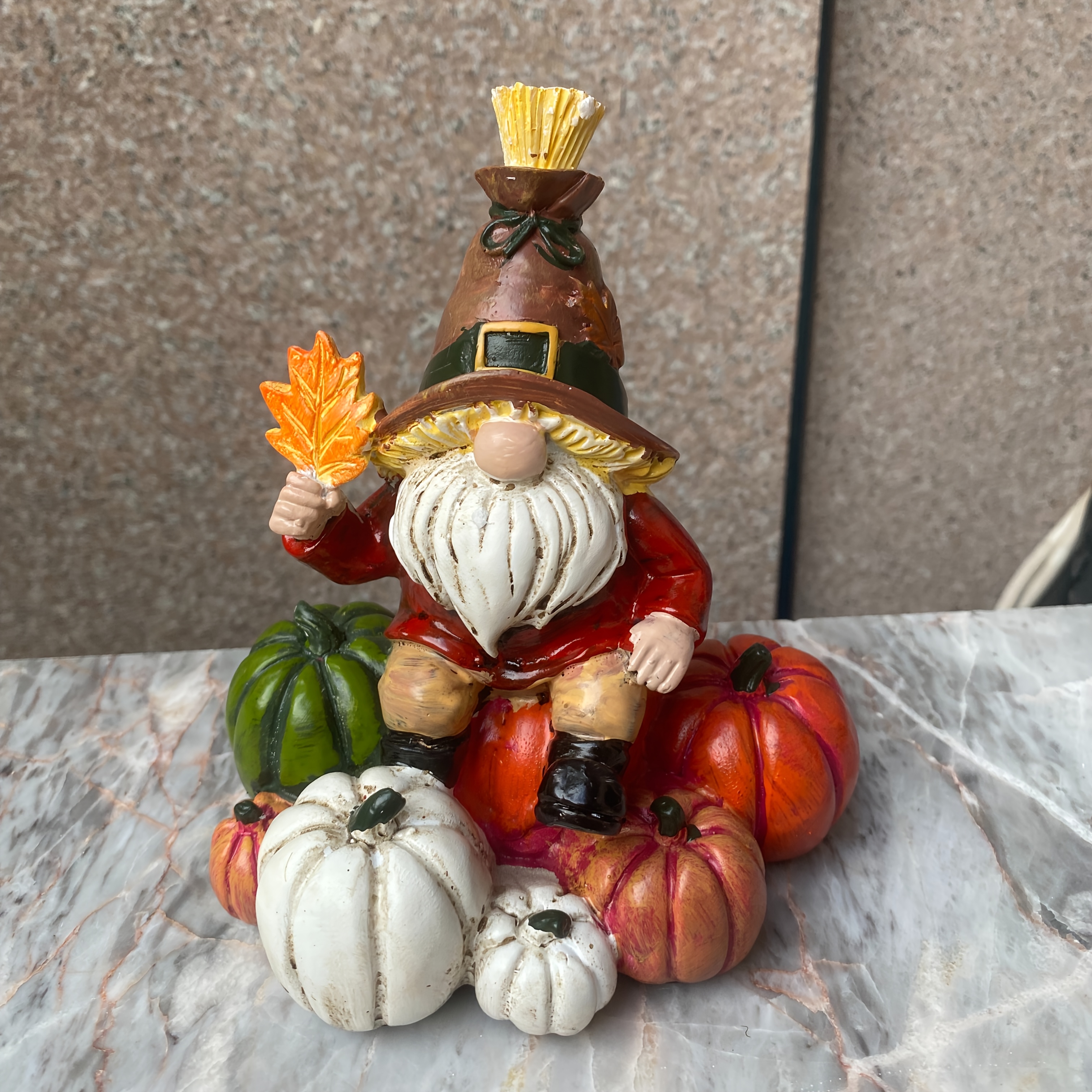 Image of Gnome Resin Ornament; Thanksgiving Pumpkin Maple Leaf Gnome Statue; Halloween Autumn Home Desktop Decoration