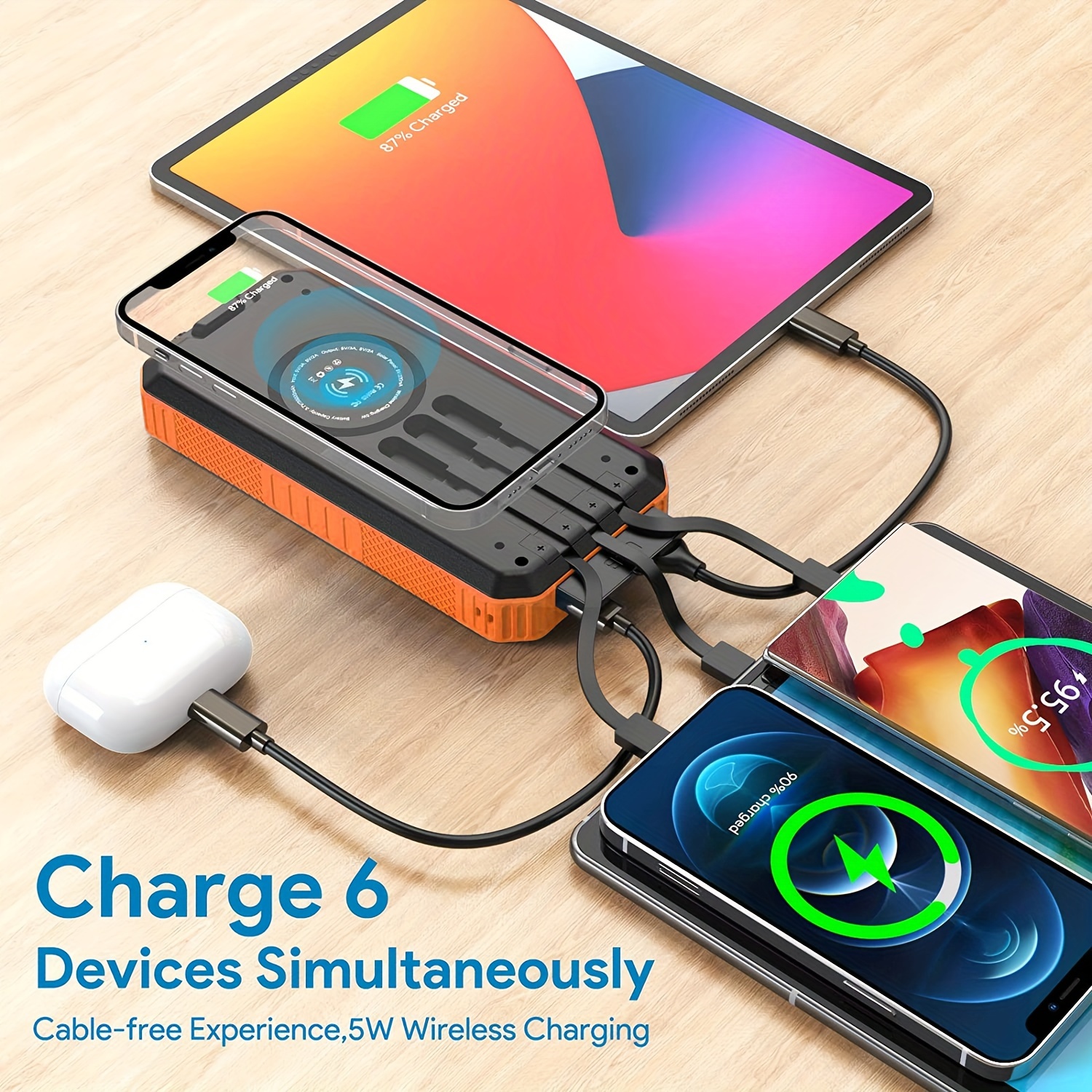 

30000 Mah, Wireless Portable , Charge Phone Charger 3 Cables & Led (, Dustproof), Compatible Ios &