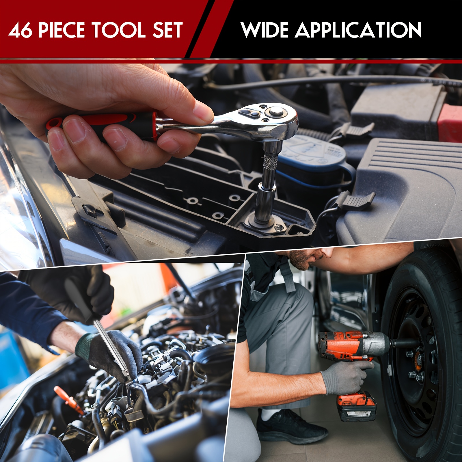 46pcs/set high   repair tool kit, made of durable steel, ratchet torque wrench, wrench, screwdriver, socket set combination, suitable for   tool kit of vehicles, bicycles and motorcycles, without battery details 0