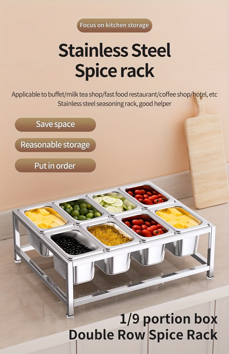 stainless steel spice rack set 8 compartment double row organizer for kitchen restaurant   seasoning containers details 0